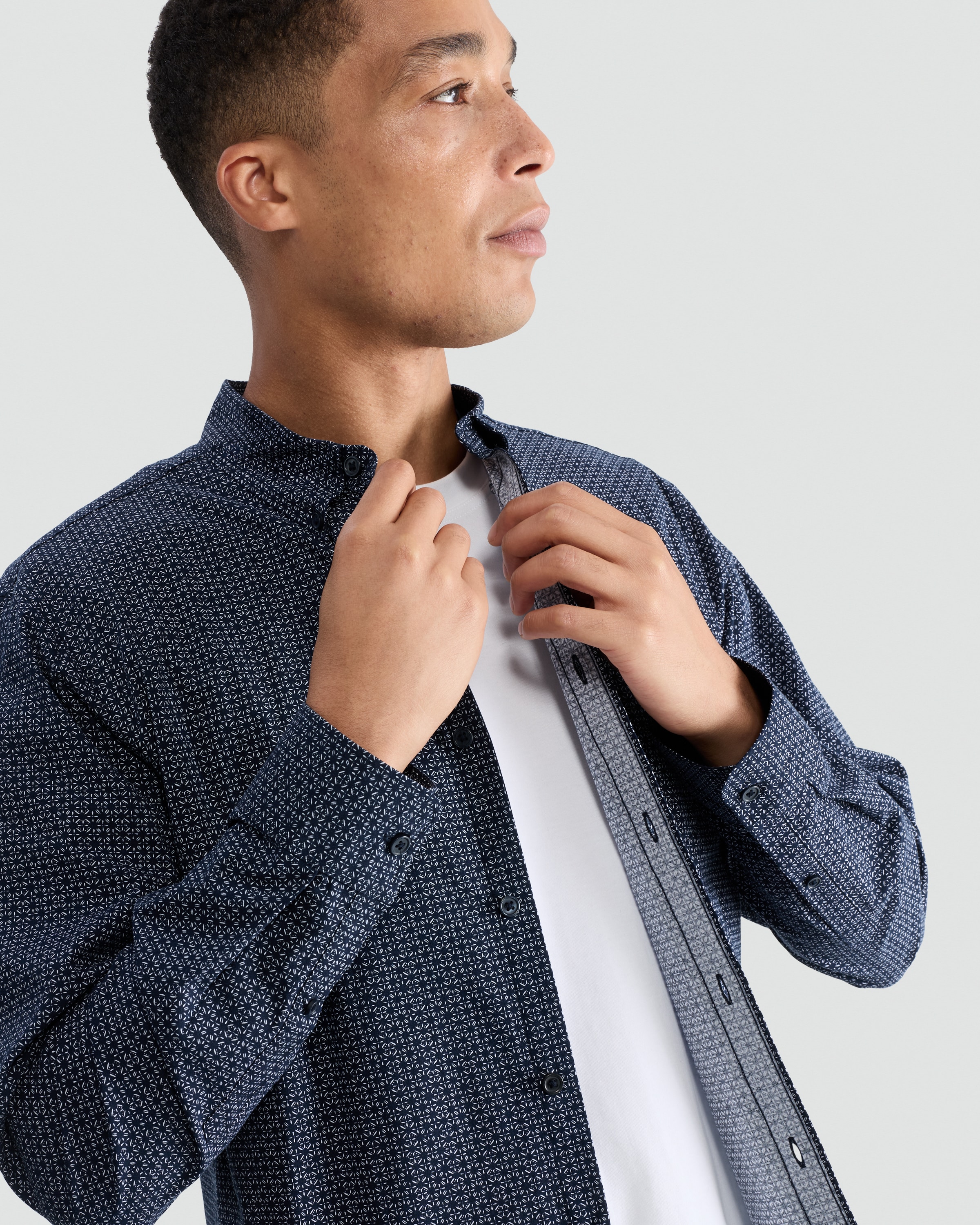 F&F Cotton Rich Geometric Print Long Sleeved Shirt in Navy