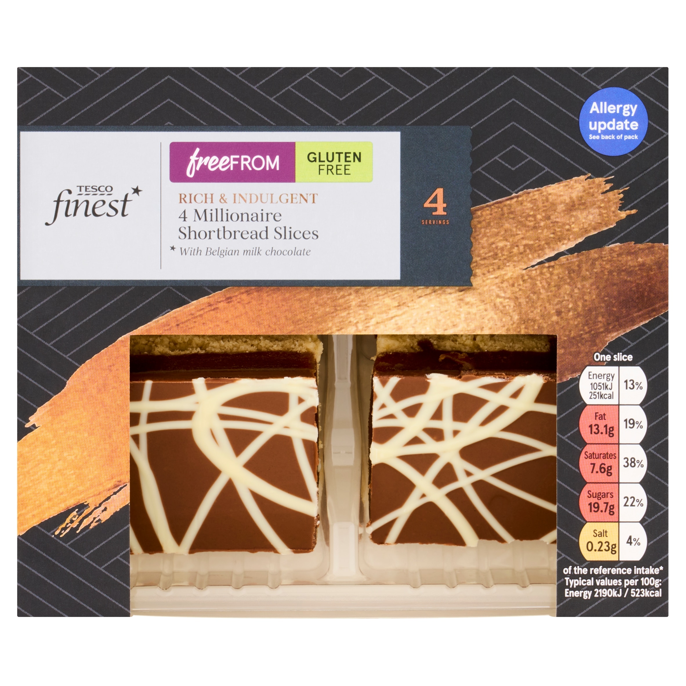 Tesco Finest Free From Gluten free 4 Millionaire Short Bread Slices with Belgian Milk Chocolate