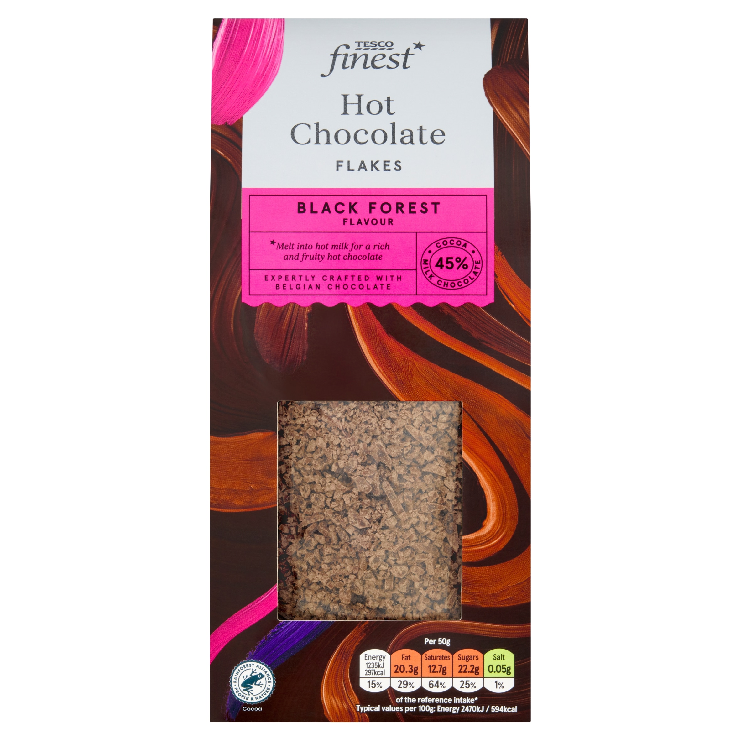 Tesco Finest Belgian 45% Black Forest Flavour Hot Chocolate Flakes 250g