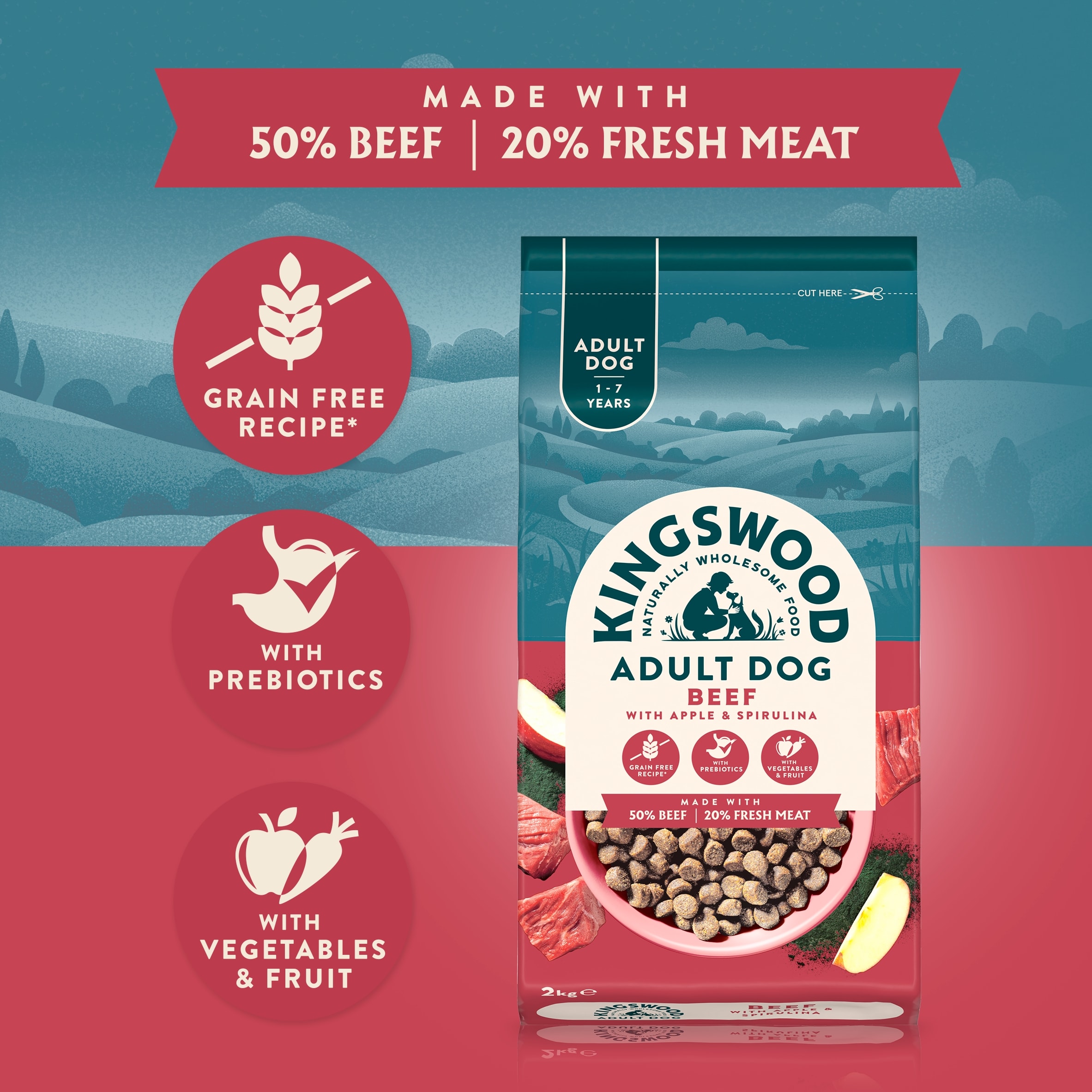 Kingswood Adult Dog, Beef with Apple & Spirulina, 2Kg thumbnail 2