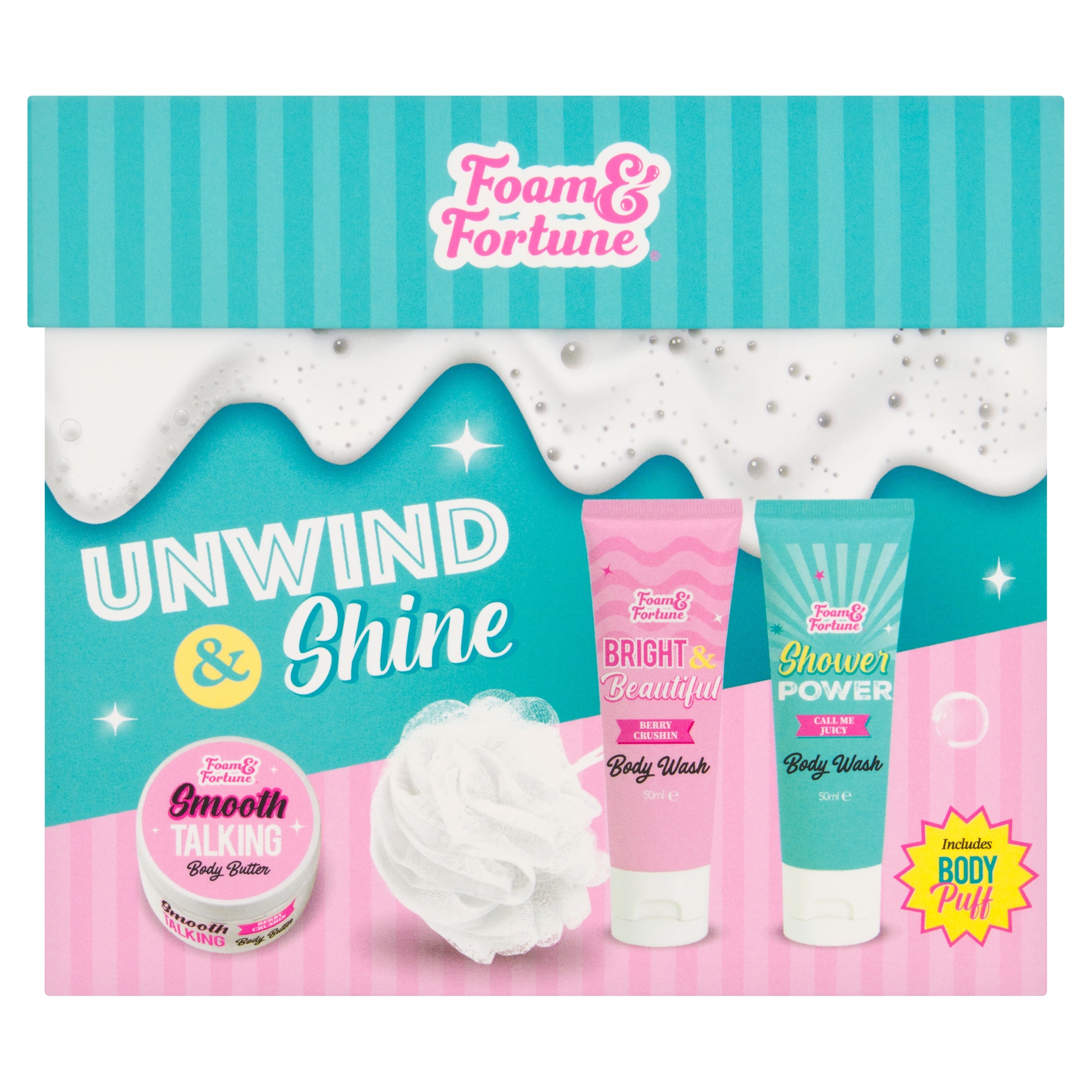 Foam & Fortune Unwind & Shine Bath & body set