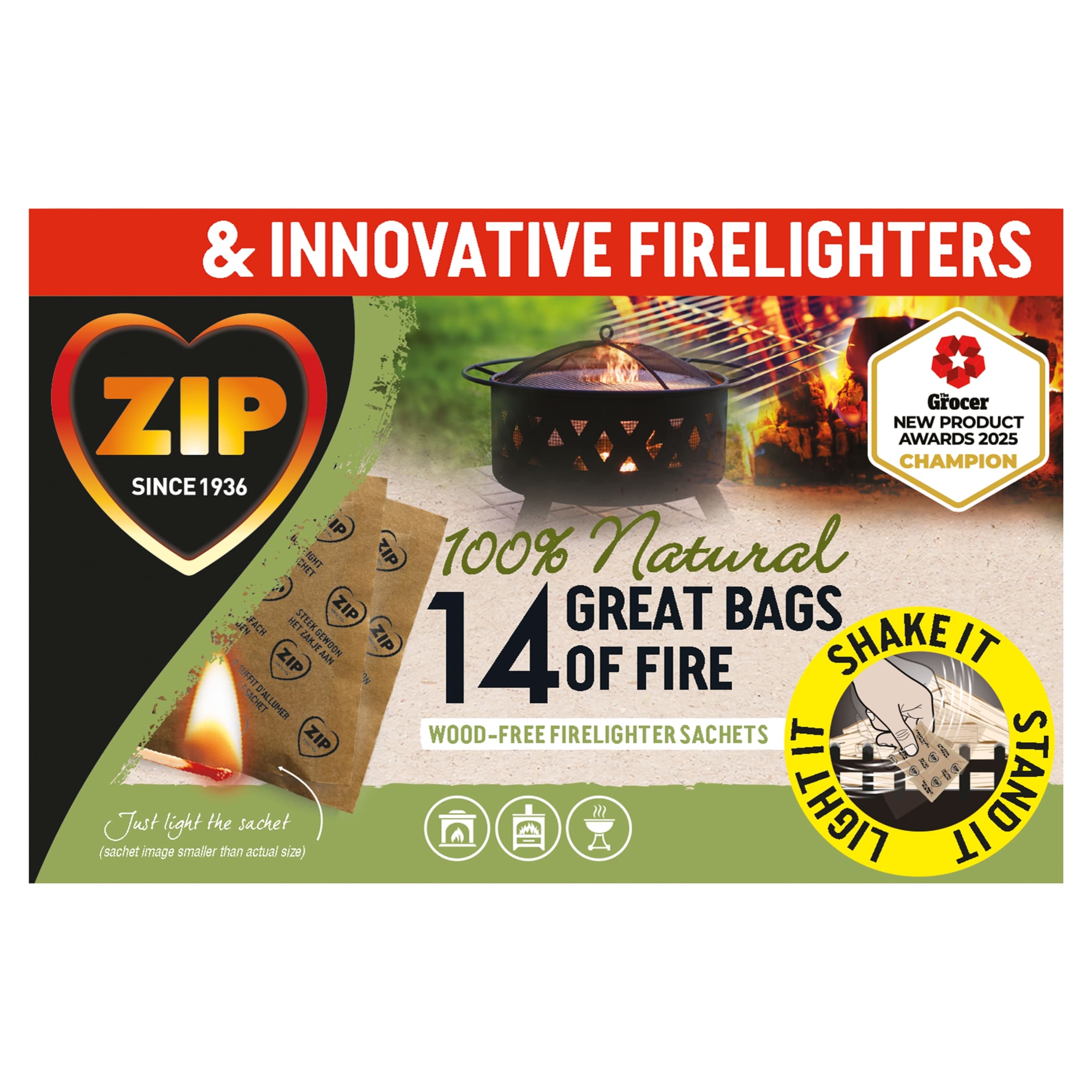 Zip Great Bags of Fire Wood-Free Firelighter Sachet 14's