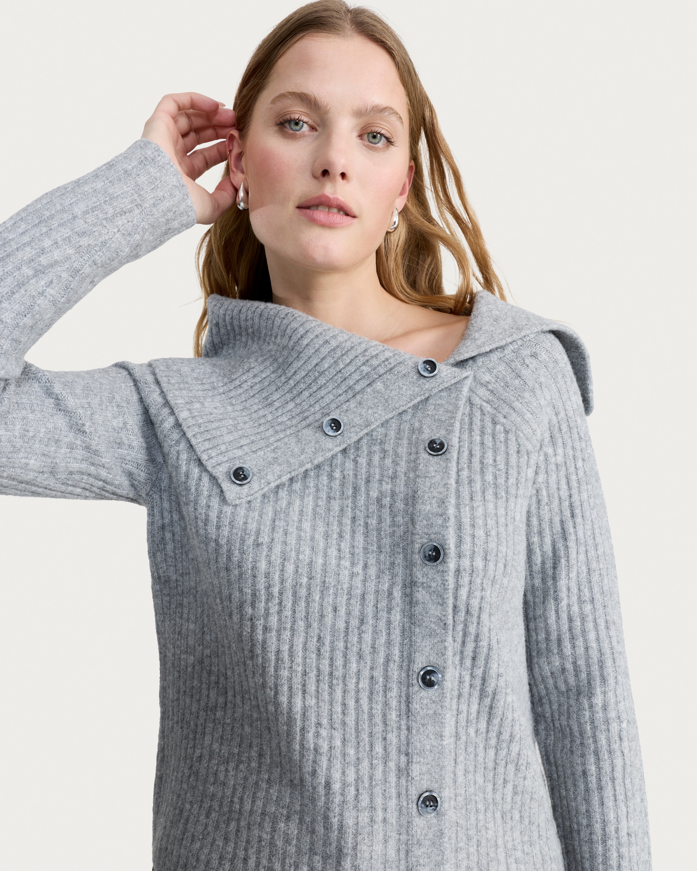 F&F Ribbed Button Up Bardot Jumper in Grey
