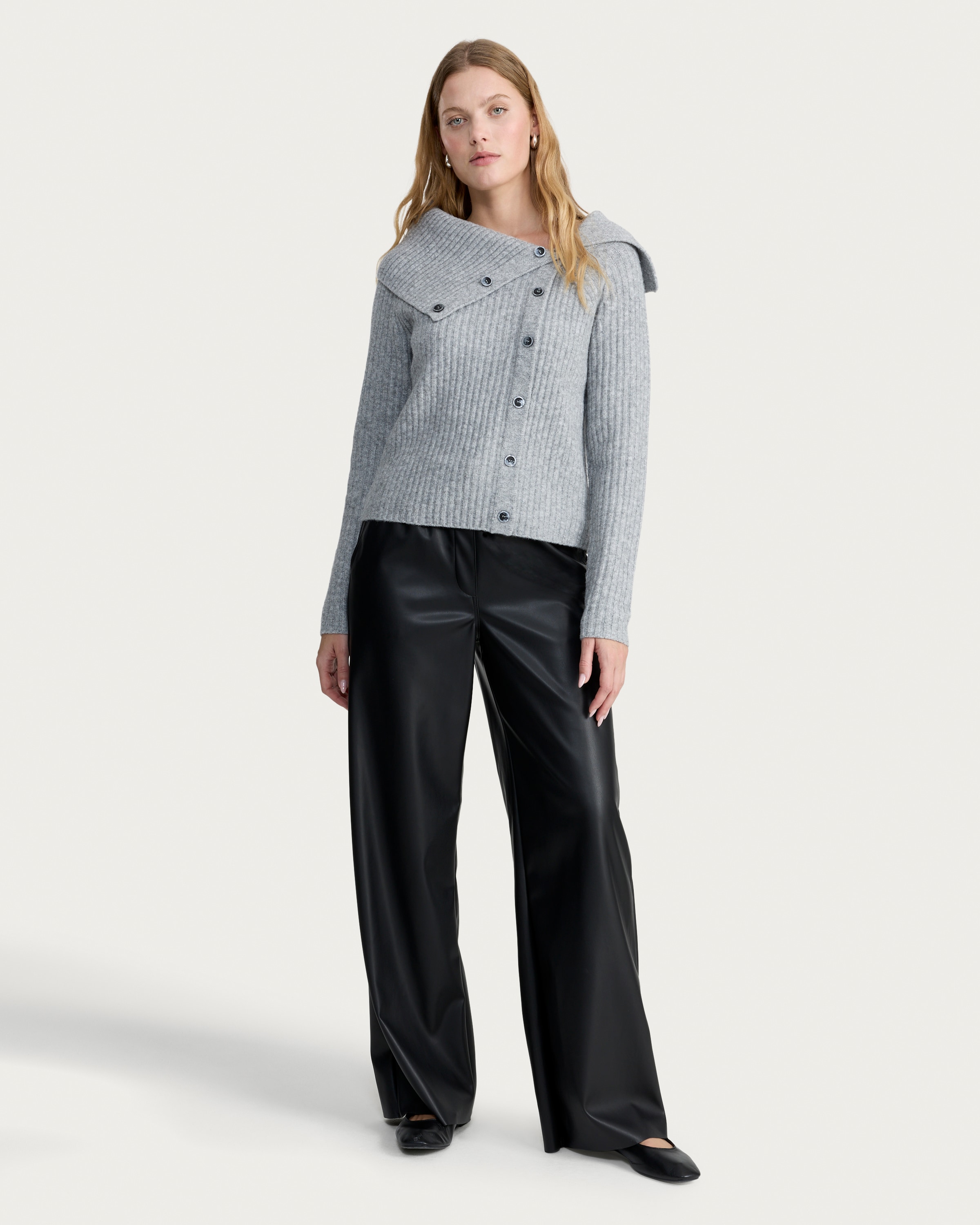 F&F Ribbed Button Up Bardot Jumper in Grey thumbnail 2
