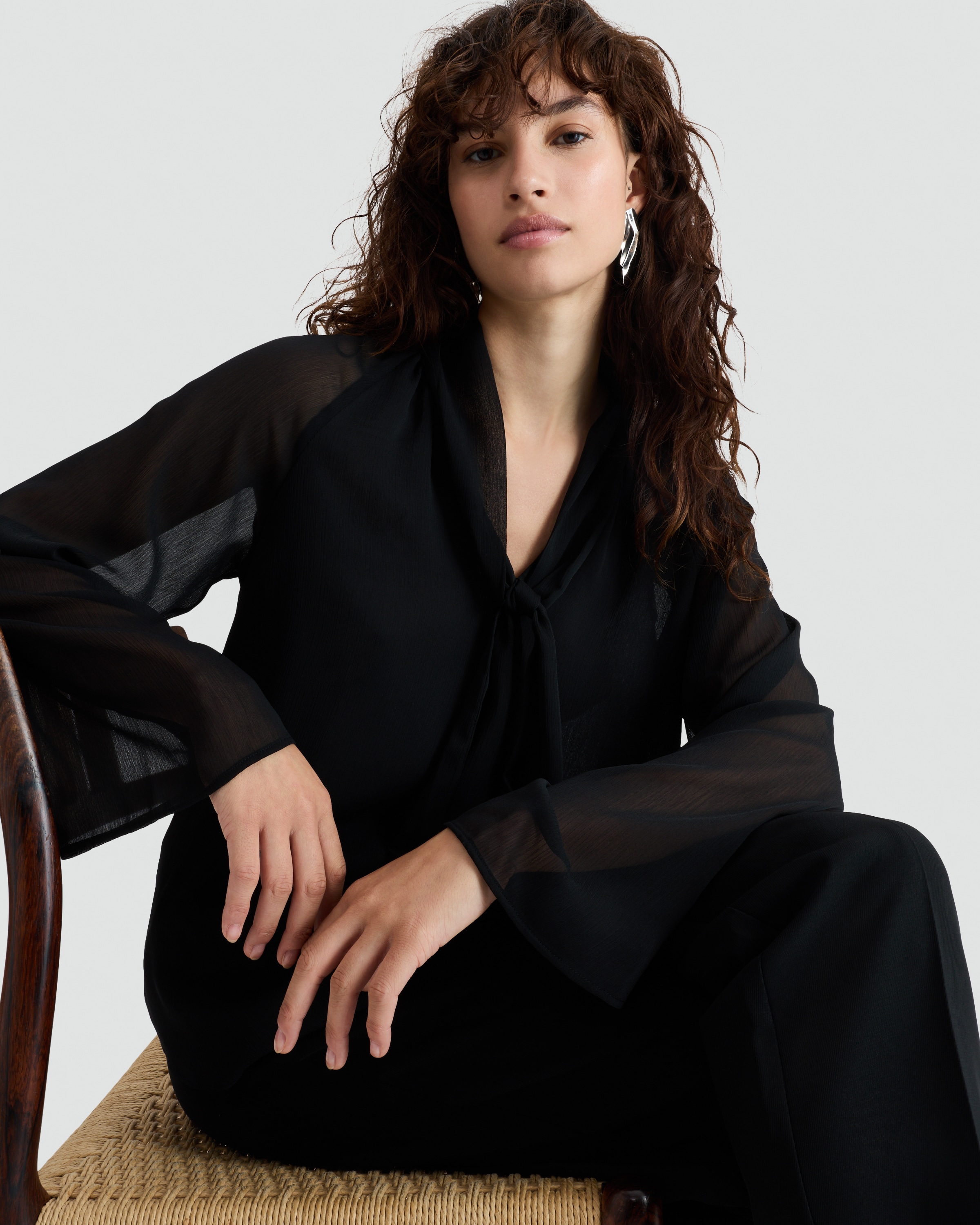 F&F Tie Neck Long Sleeved Blouse in Black