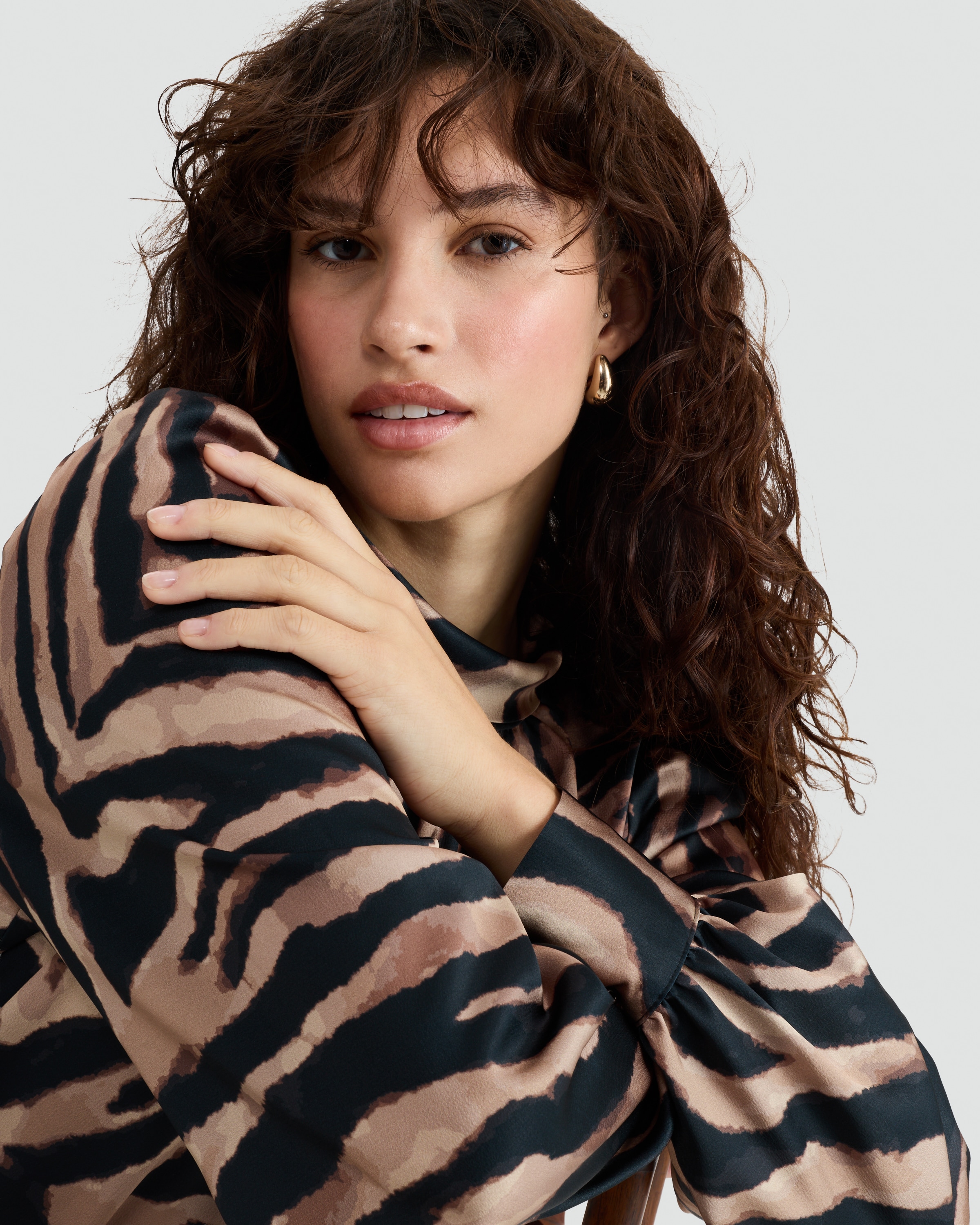 F&F Satin Zebra Print Tie Neck Blouse in Multi Brown