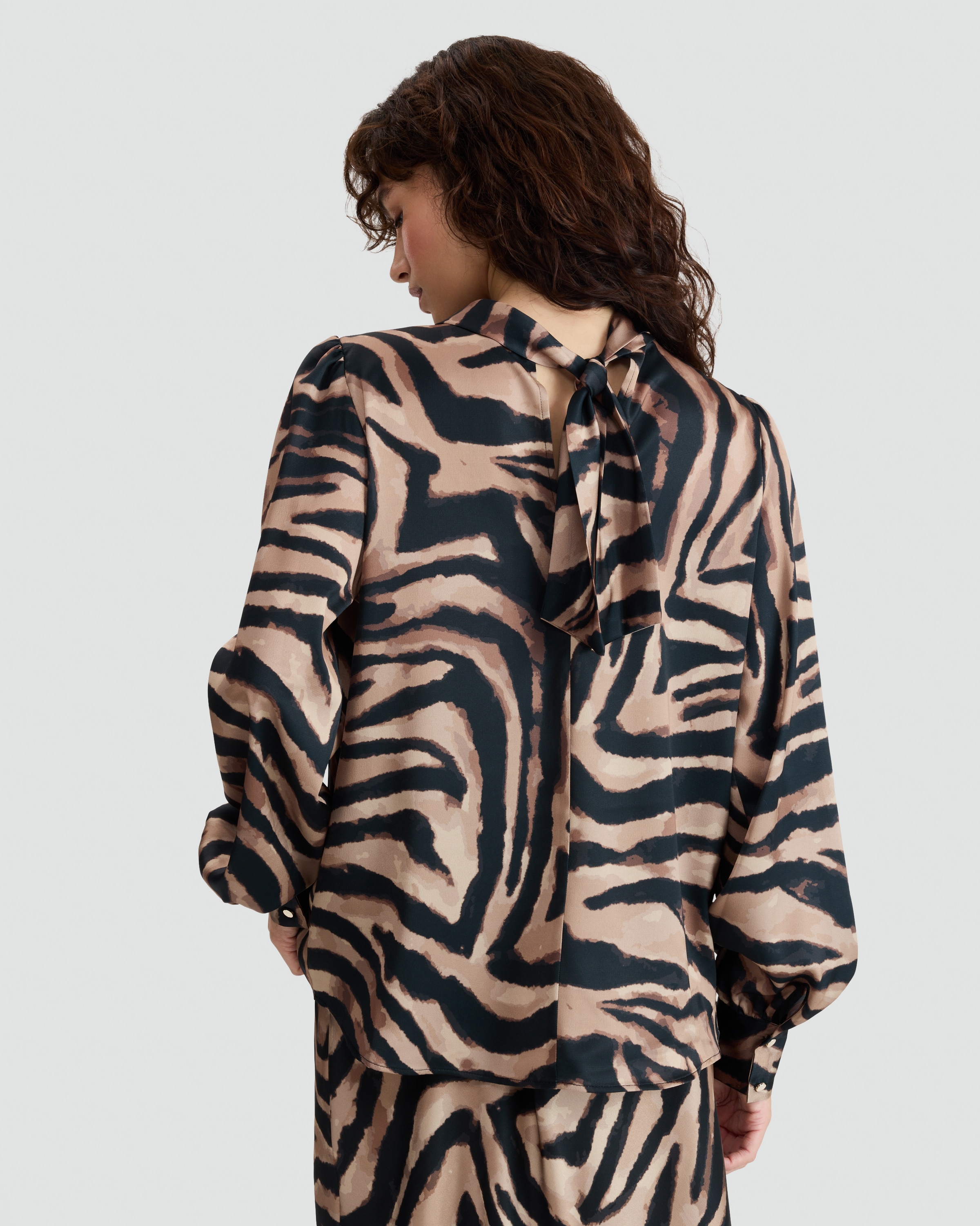 F&F Satin Zebra Print Tie Neck Blouse in Multi Brown thumbnail 4