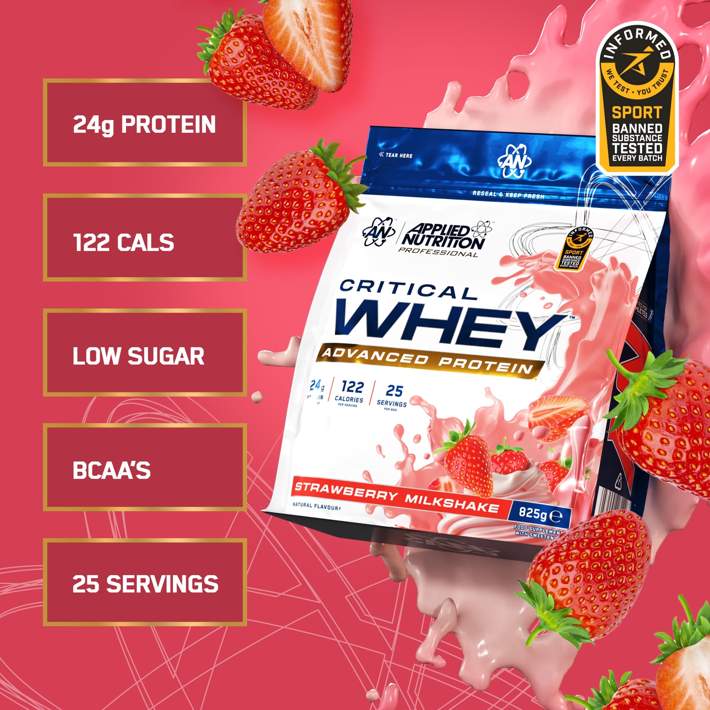 Applied Nutrition Critical Whey Protein Powder Strawberry Milkshake 825g thumbnail 2