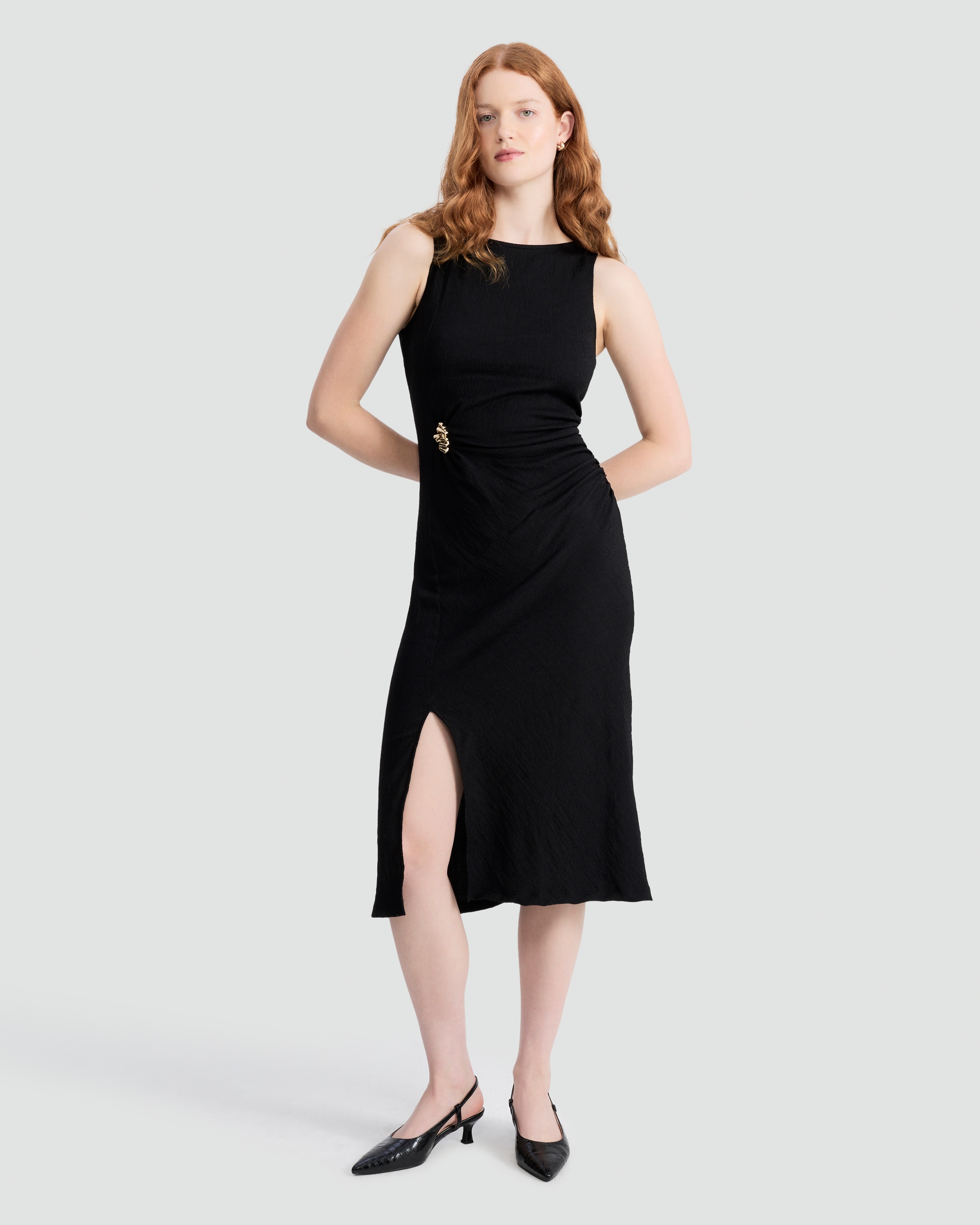 F&F Crinkle Textured Gold Buckle Sleeveless Dress in Black