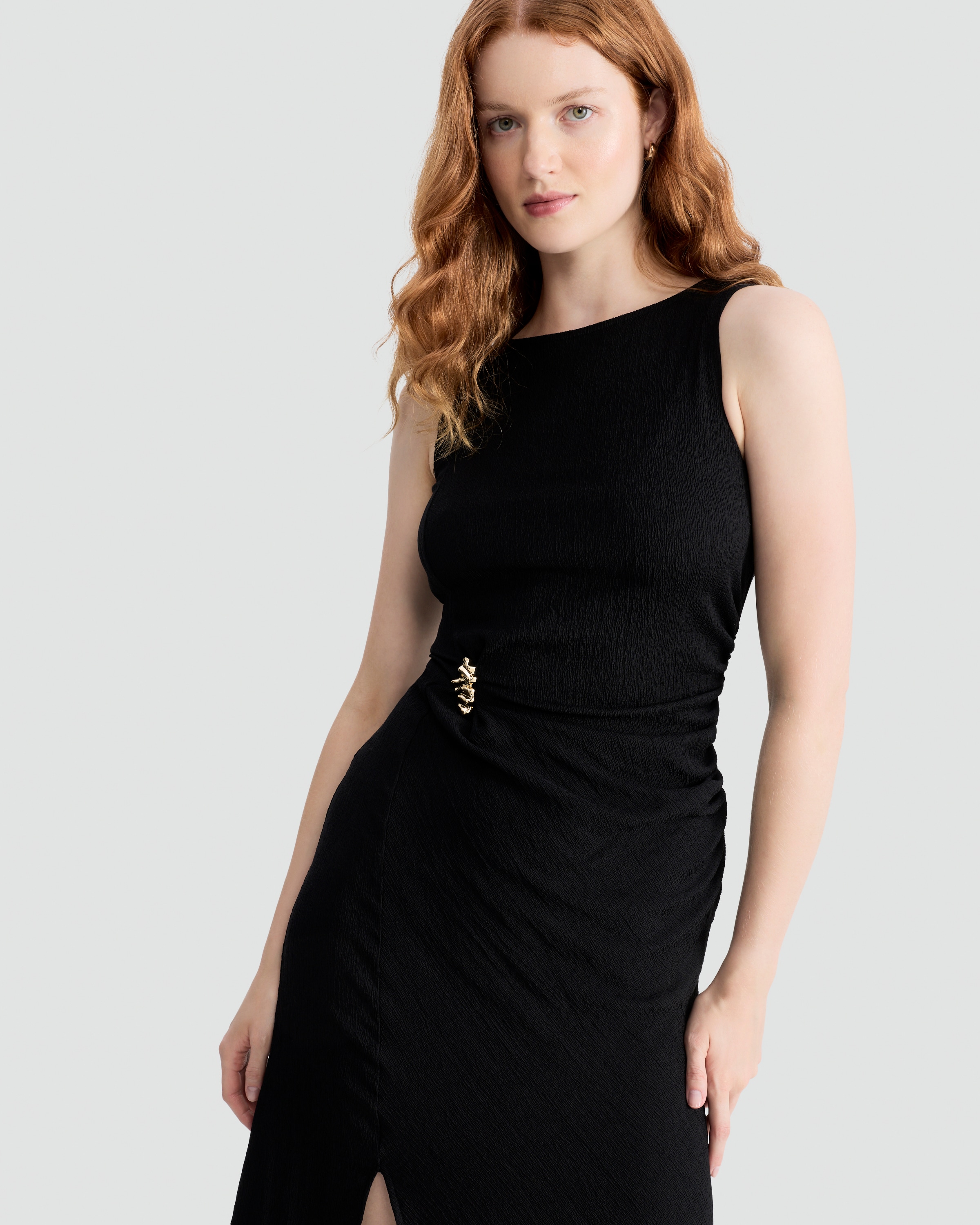 F&F Crinkle Textured Gold Buckle Sleeveless Dress in Black thumbnail 2