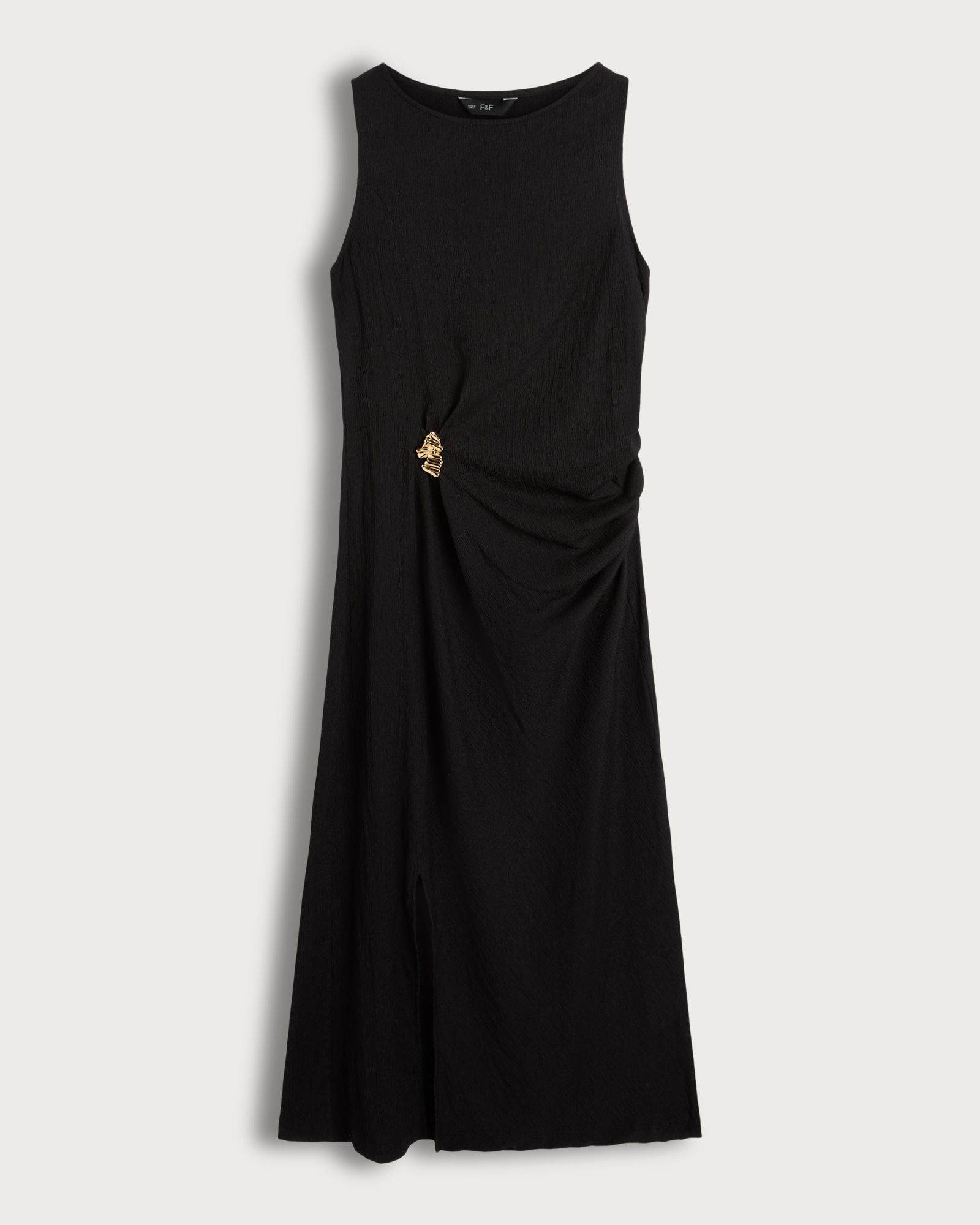 F&F Crinkle Textured Gold Buckle Sleeveless Dress in Black thumbnail 4