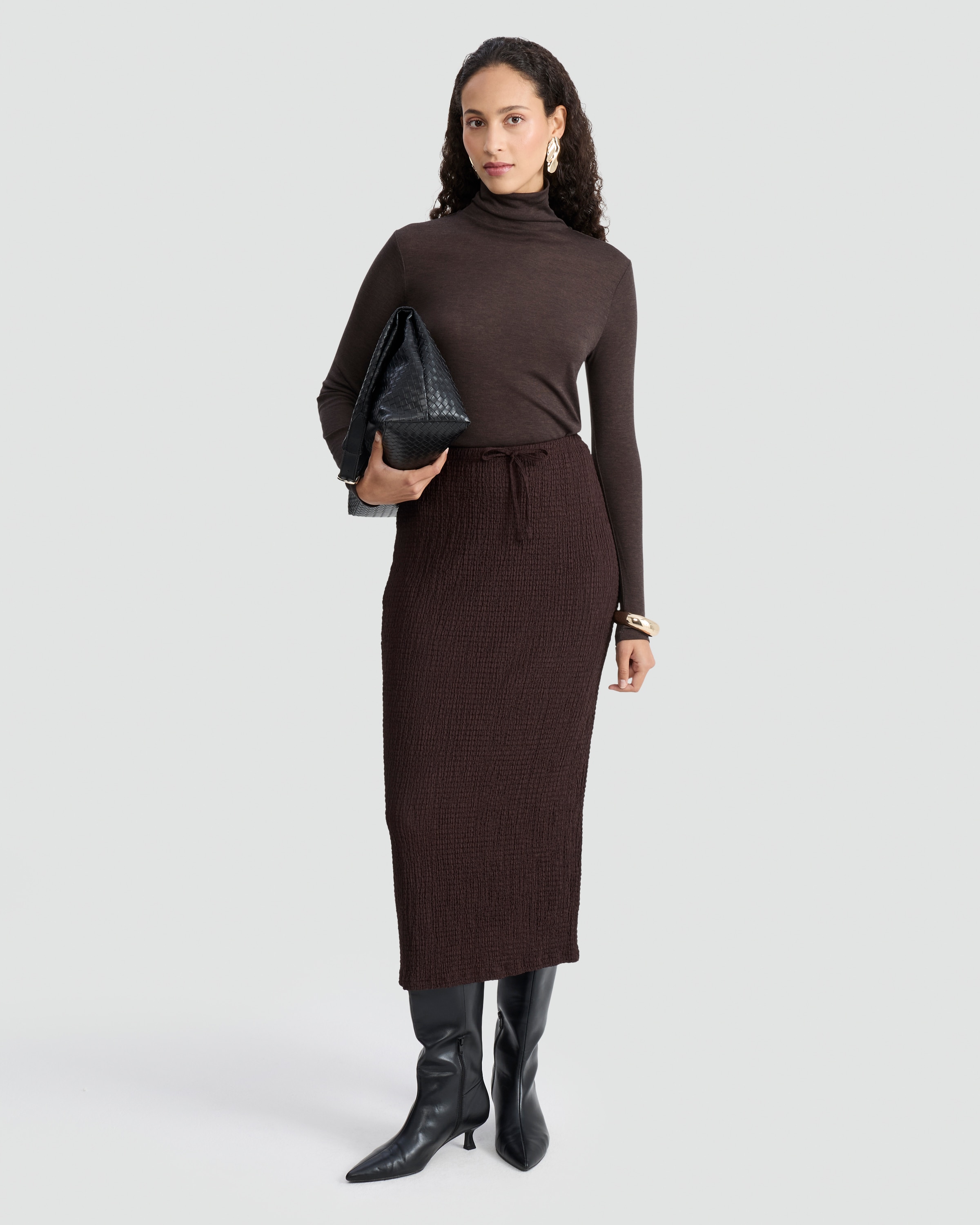 F&F Textured Drawstring Bubble Midaxi Skirt in Chocolate