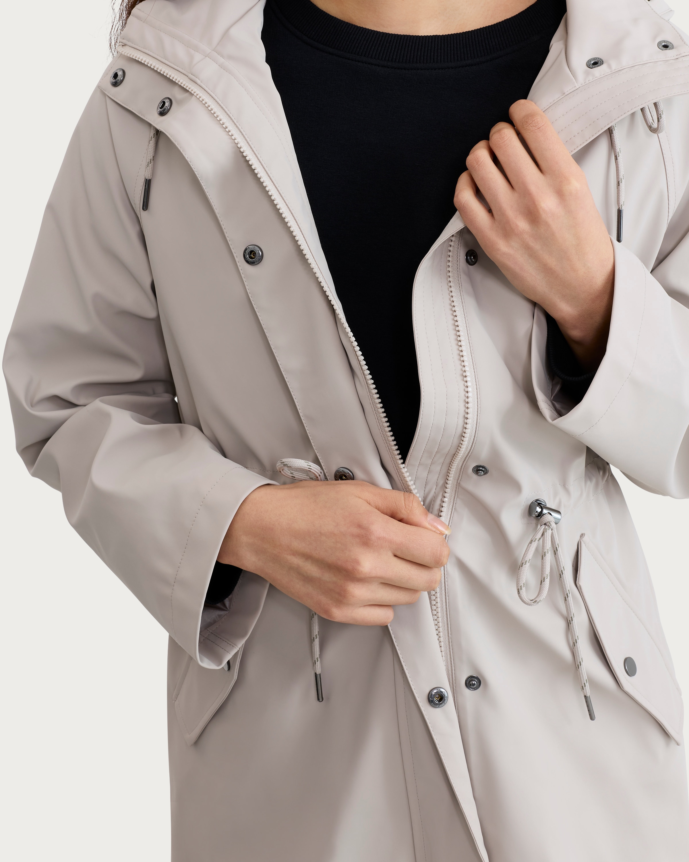 F&F Shower Resistant Drawstring Waist Hooded Raincoat in Cream