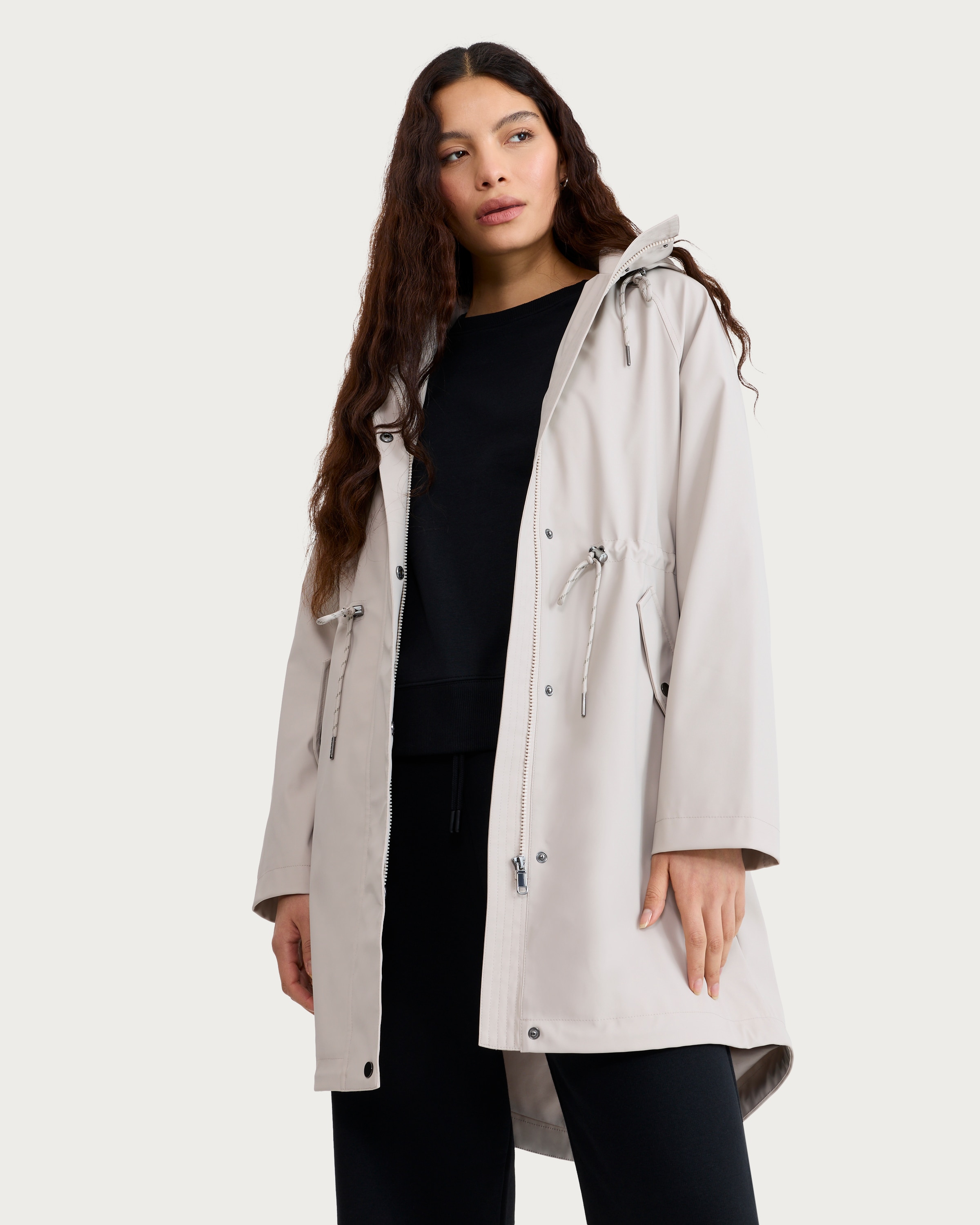 F&F Shower Resistant Drawstring Waist Hooded Raincoat in Cream thumbnail 2