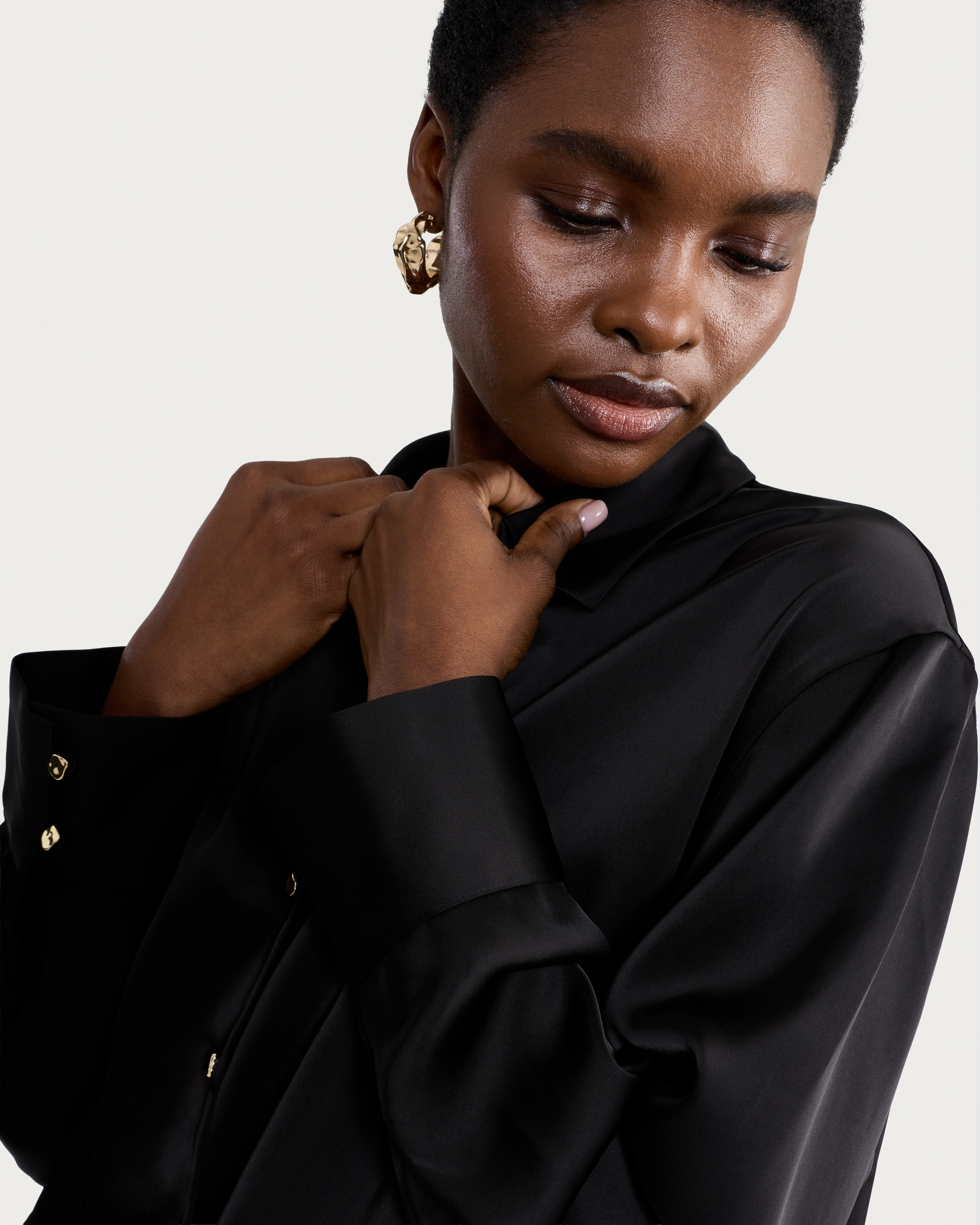 F&F Satin Cropped Button Up Shirt in Black