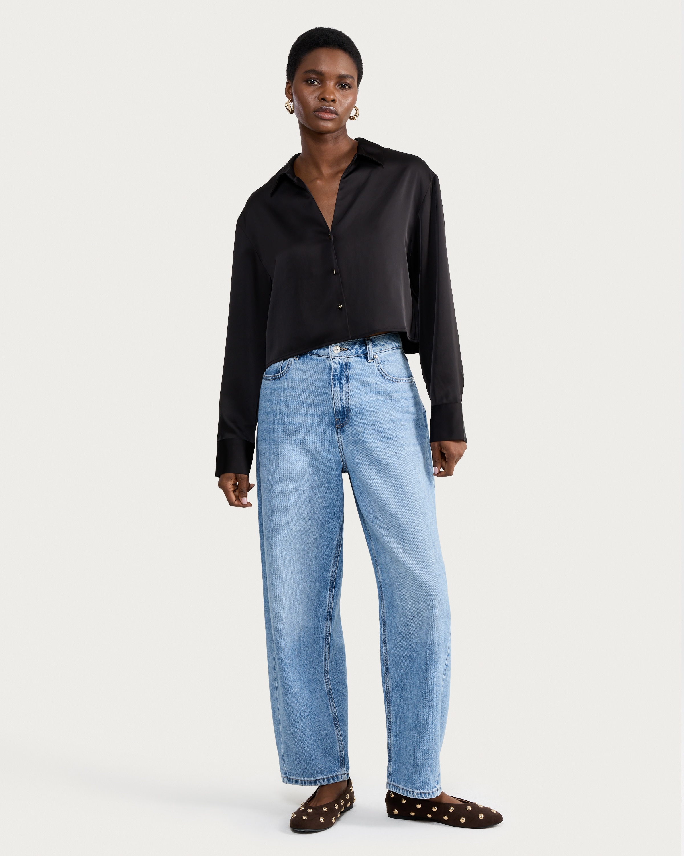 F&F Satin Cropped Button Up Shirt in Black thumbnail 2