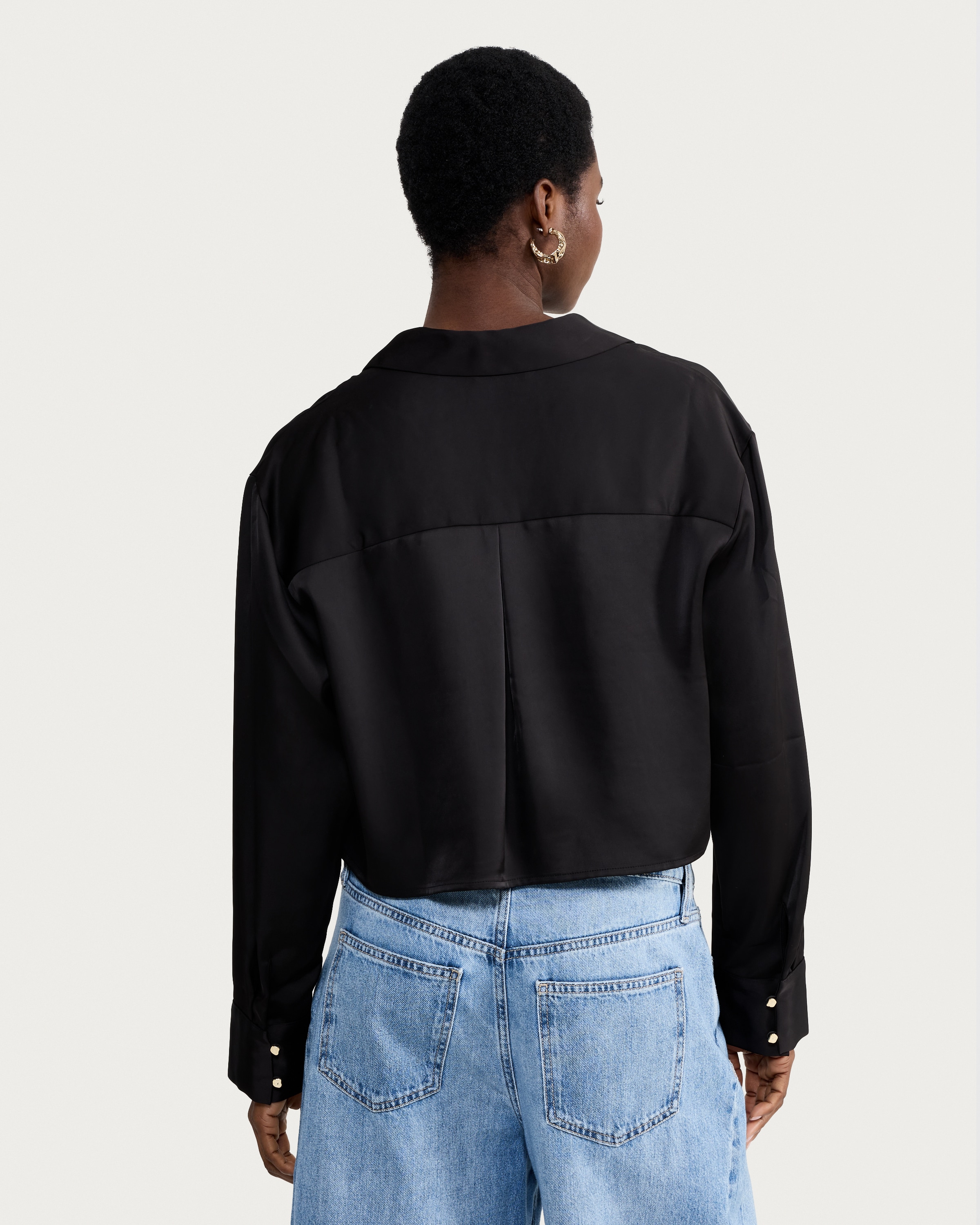F&F Satin Cropped Button Up Shirt in Black thumbnail 3