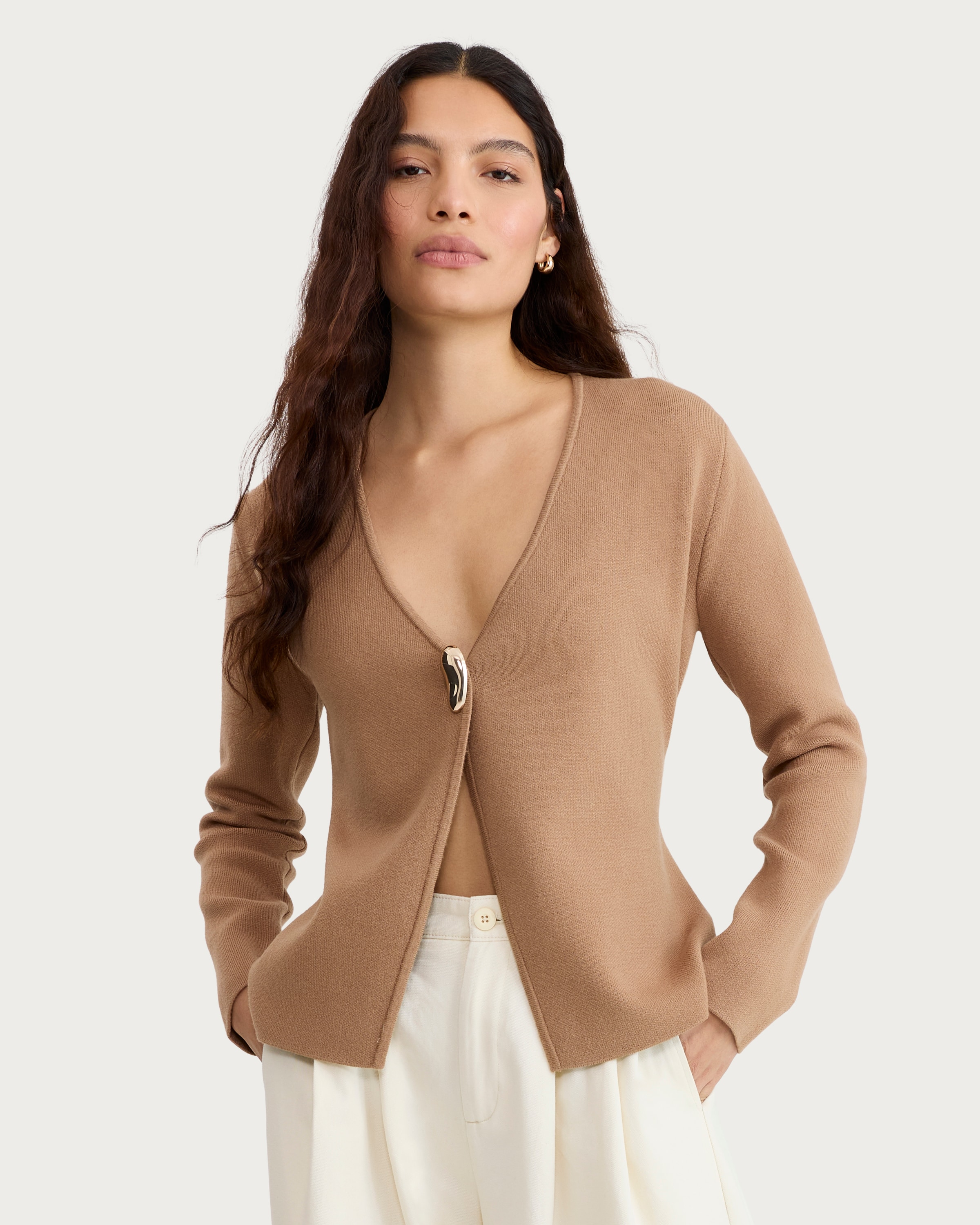 F&F Cinched V Neck Cardigan in Mink thumbnail 2
