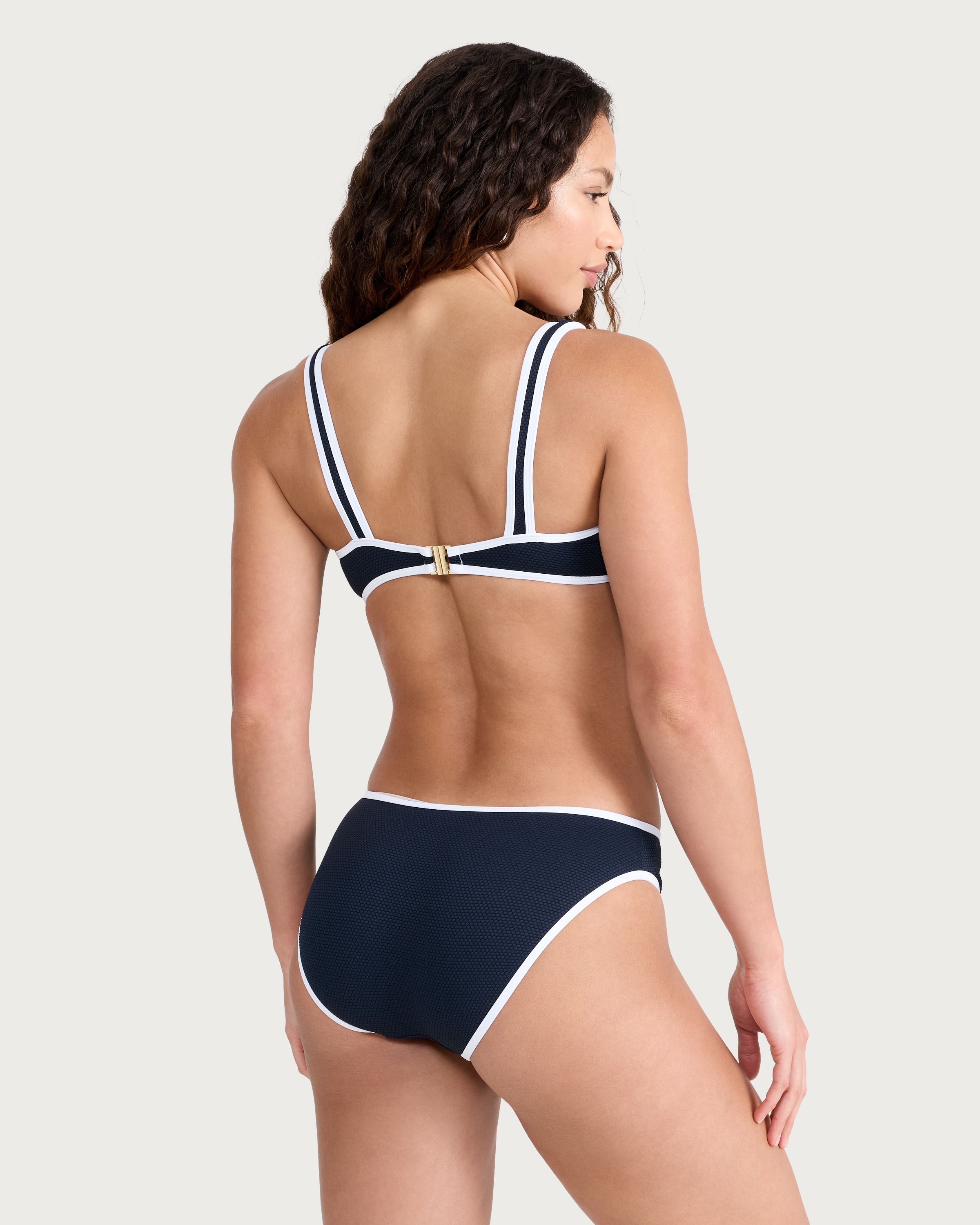F&F Textured Contrast Trim Co-ord Bikini Top in Navy thumbnail 3