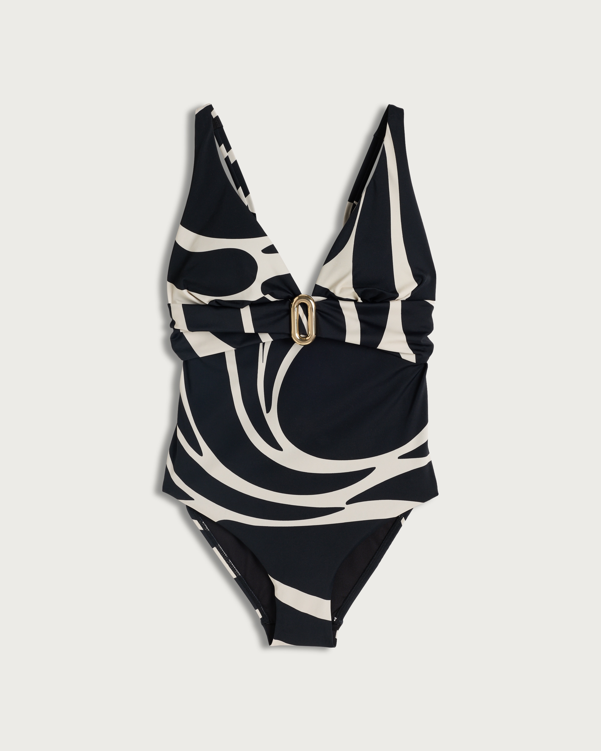 F&F Abstract Print Buckle Accent Plunge Swimsuit in Multi Black White thumbnail 4