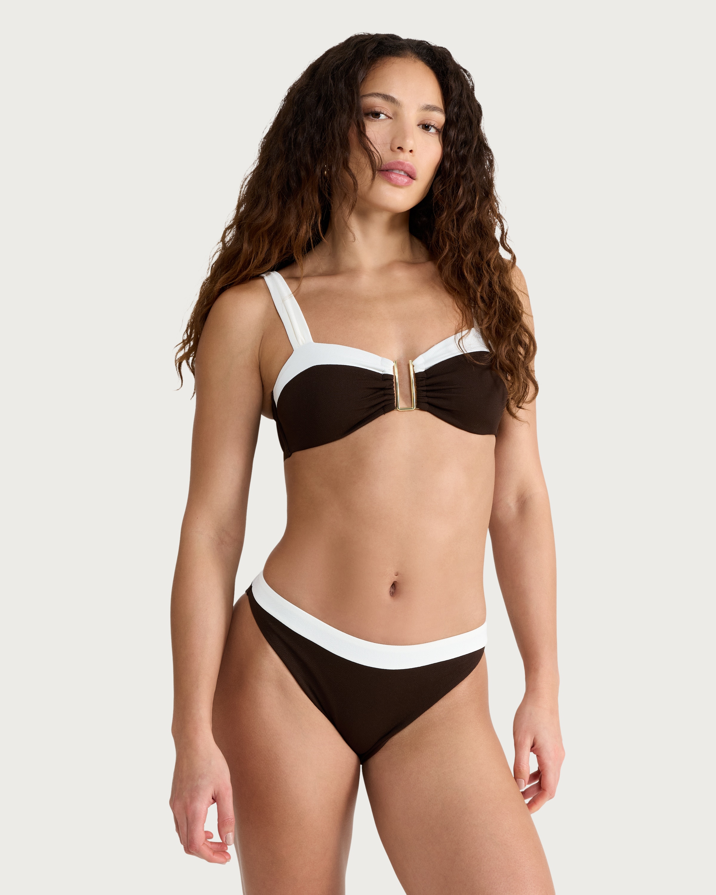 F&F Textured Contrast Trim High Leg Bikini Bottoms in Brown