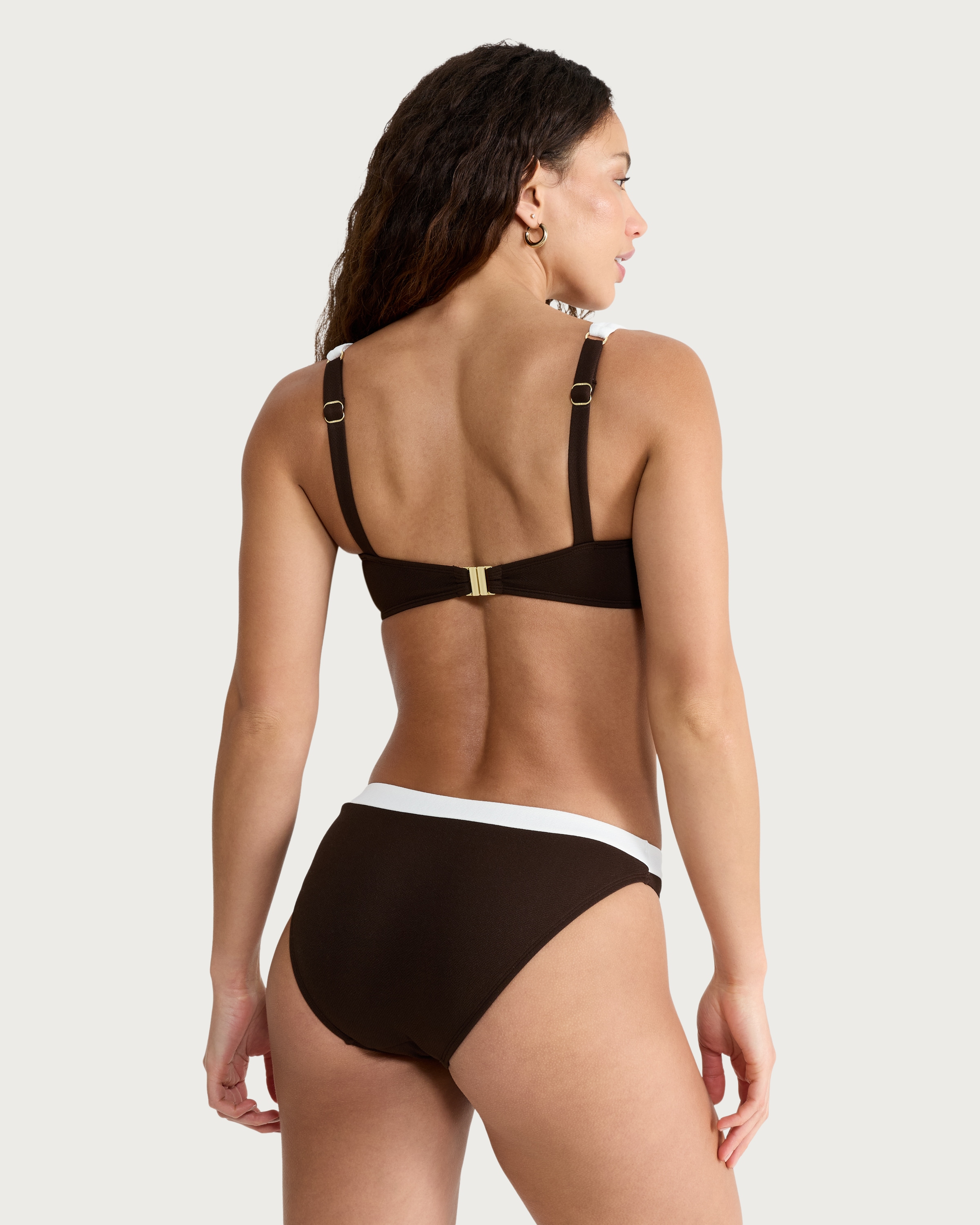F&F Textured Contrast Trim High Leg Bikini Bottoms in Brown thumbnail 3