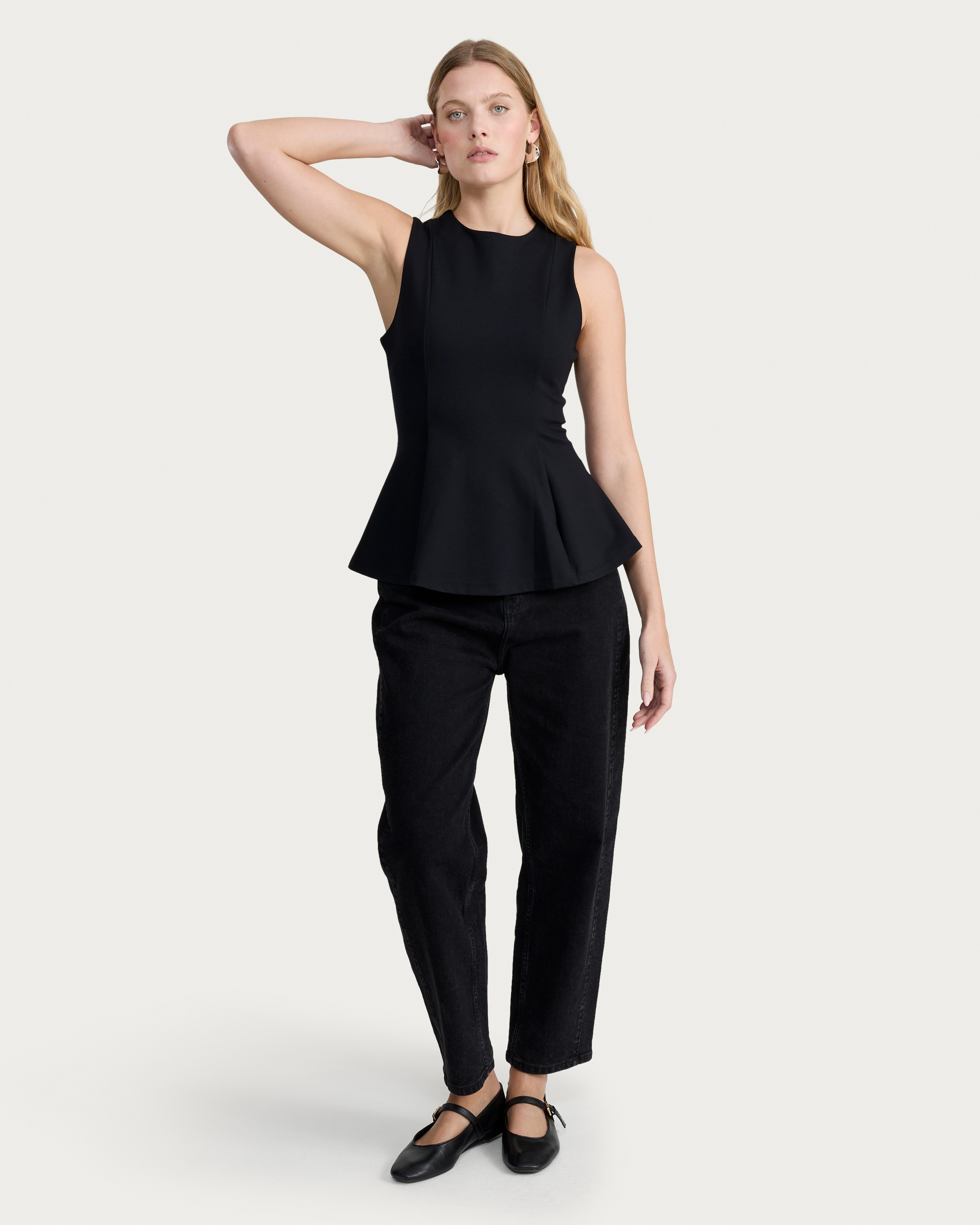 F&F Ponte Peplum Hem Top in Black