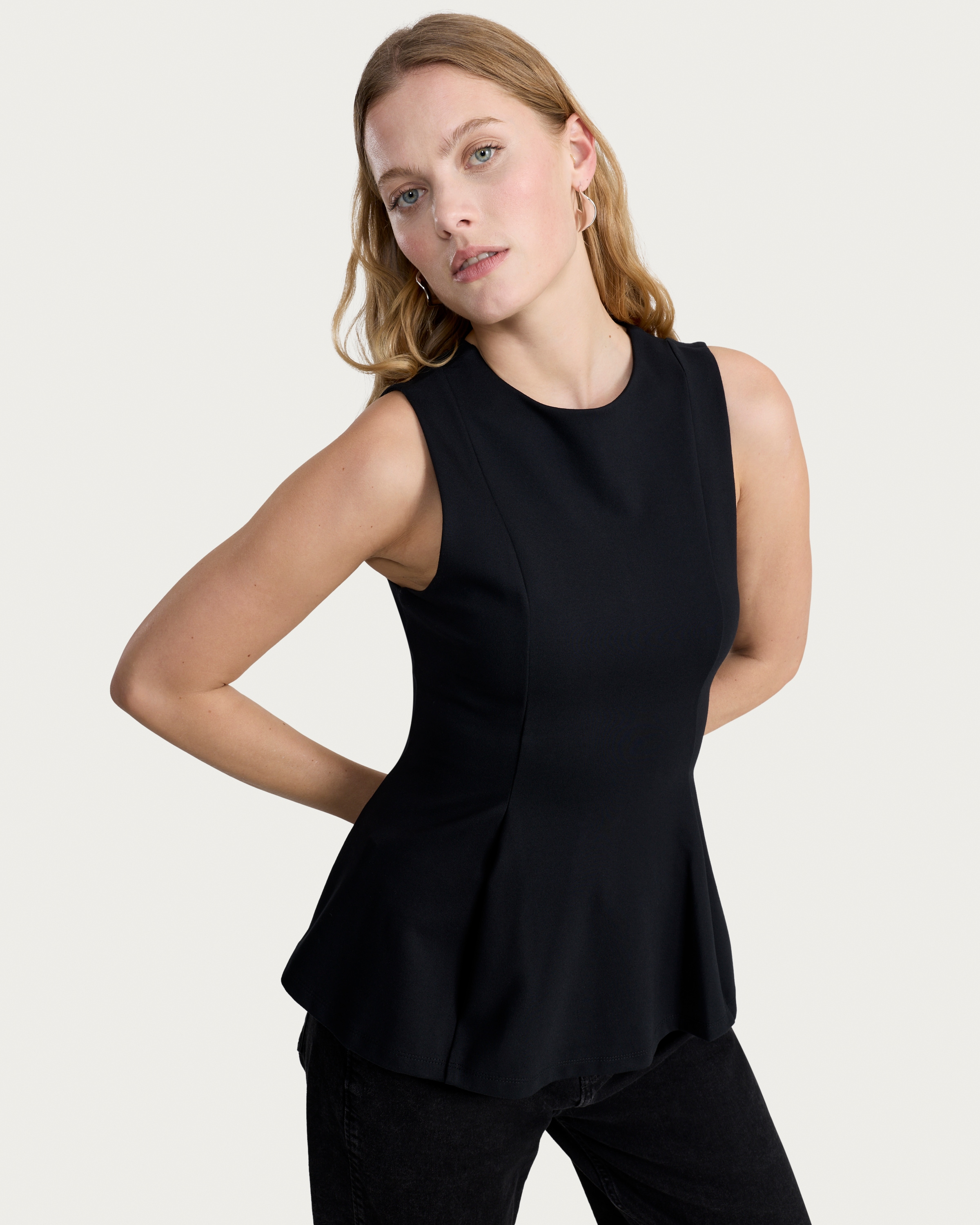 F&F Ponte Peplum Hem Top in Black thumbnail 2