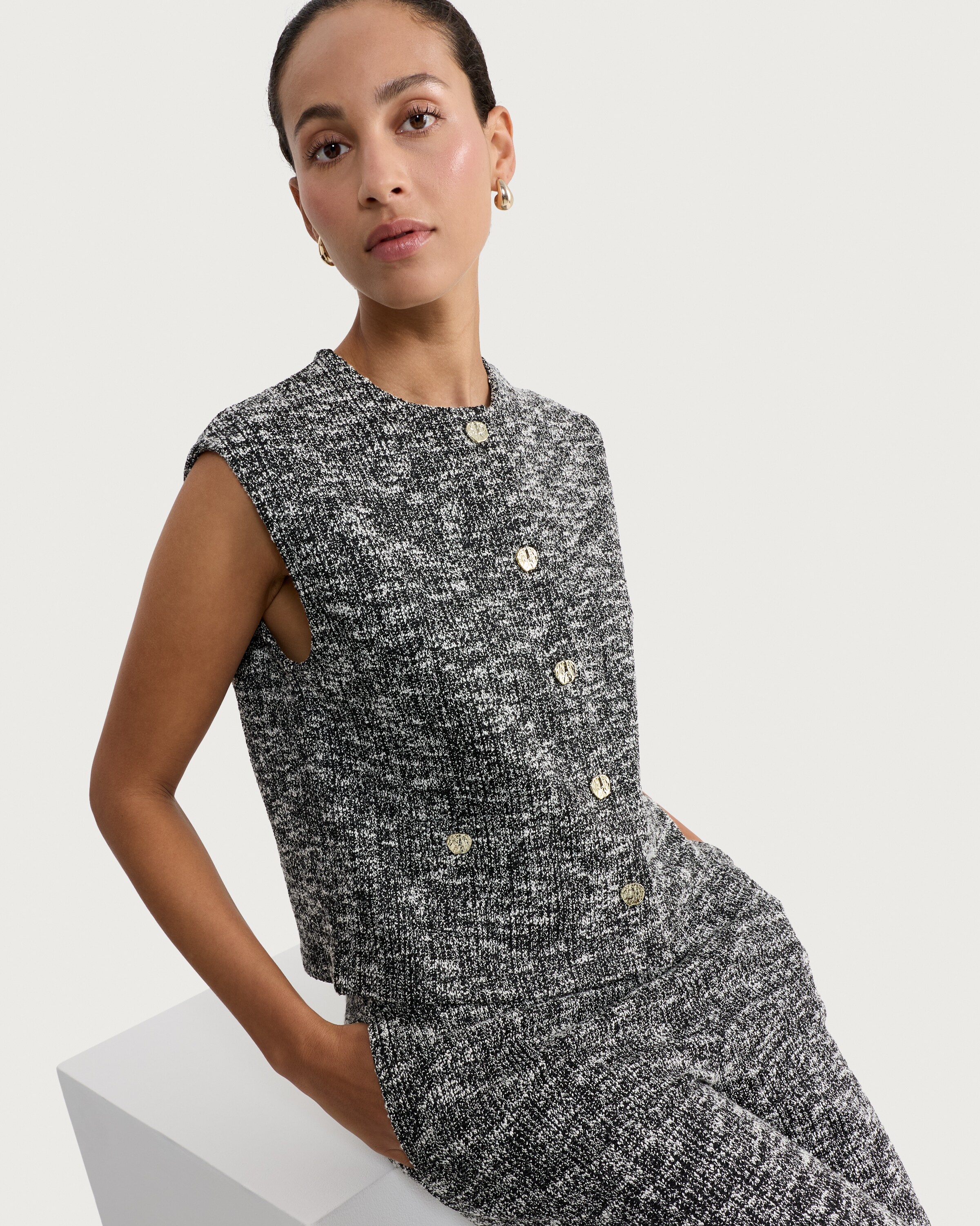 F&F Textured Buttoned Co-ord Waistcoat in Multi Black White thumbnail 4
