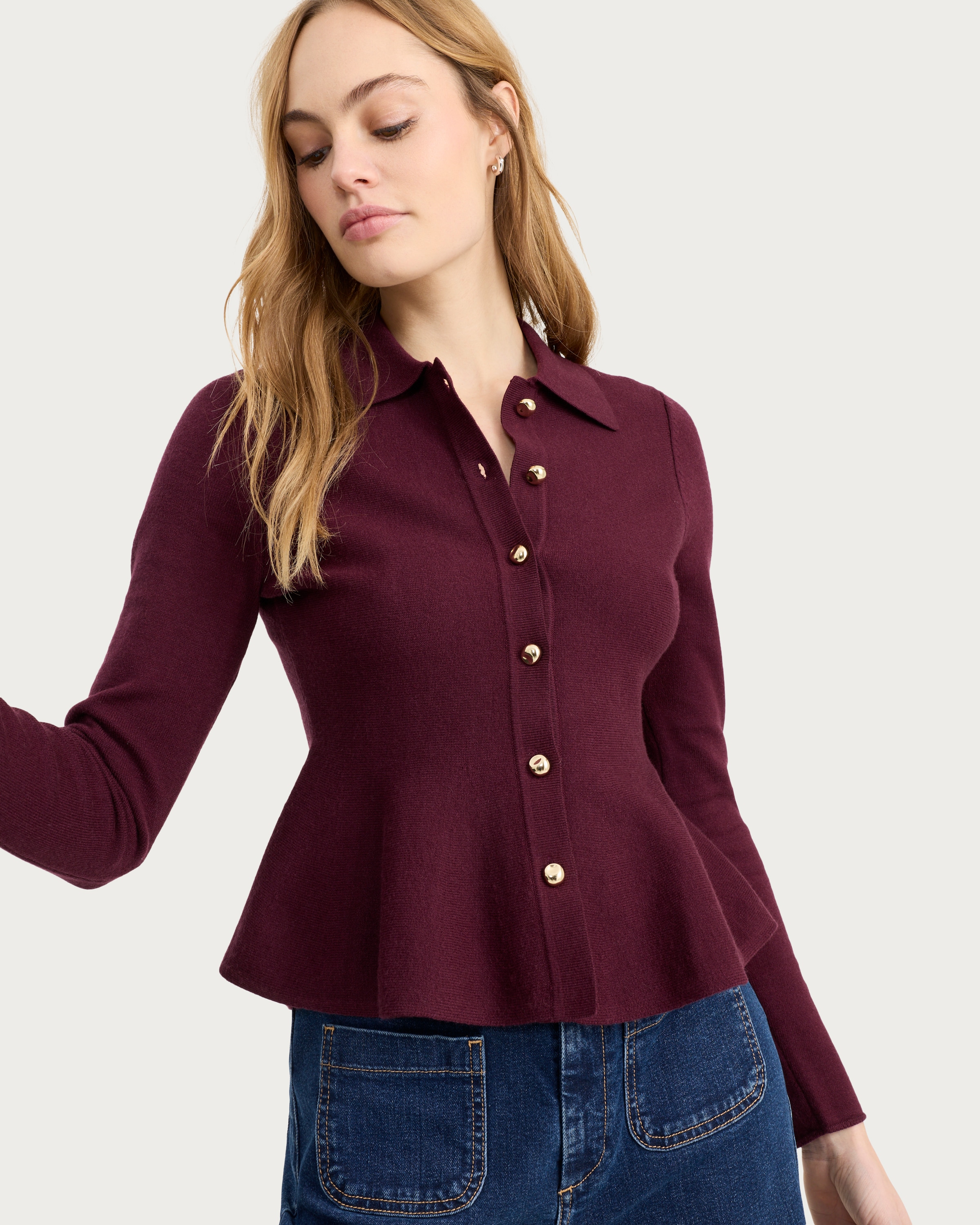 F&F Peplum Hem Button Up Cardigan in Purple
