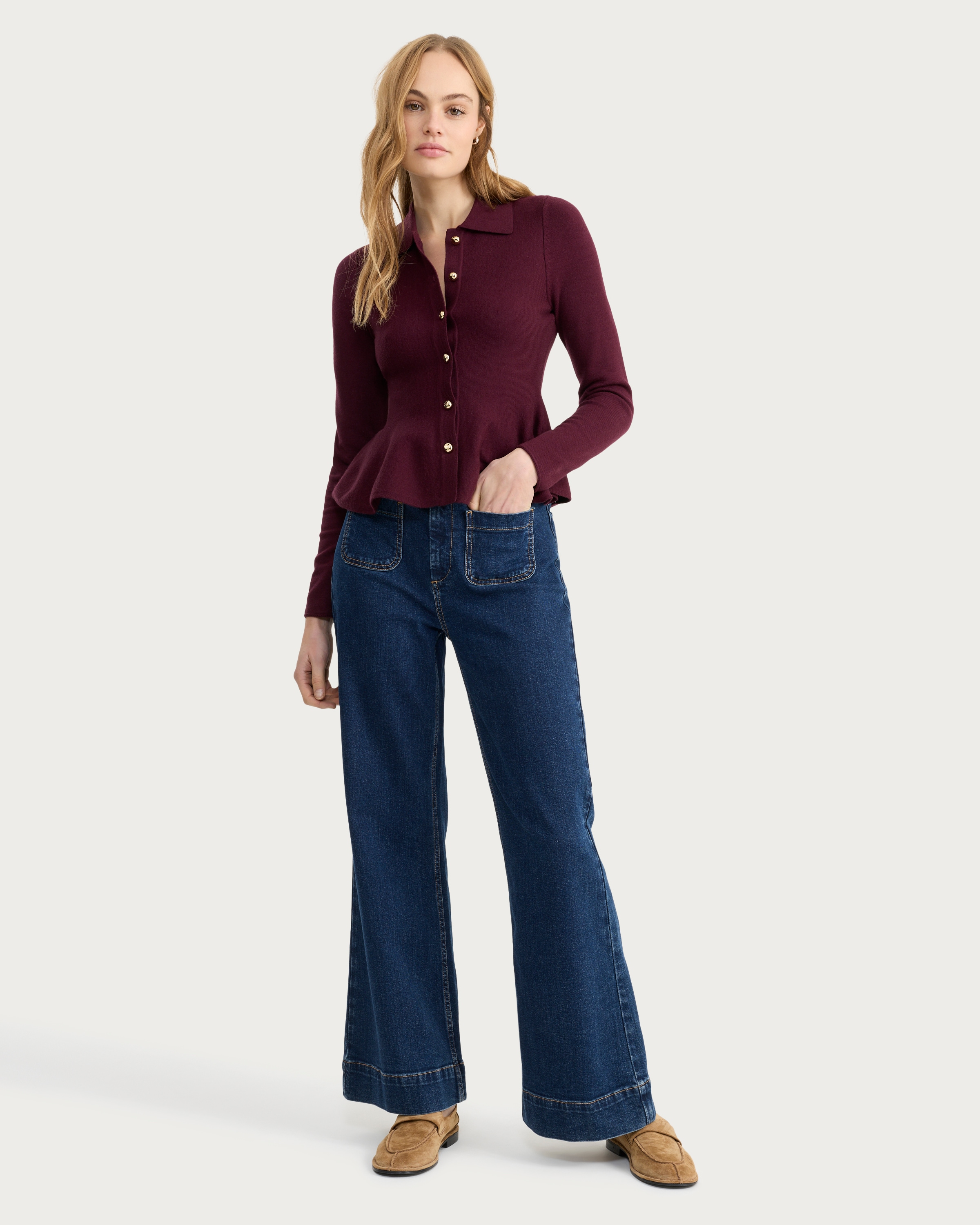 F&F Peplum Hem Button Up Cardigan in Purple thumbnail 2