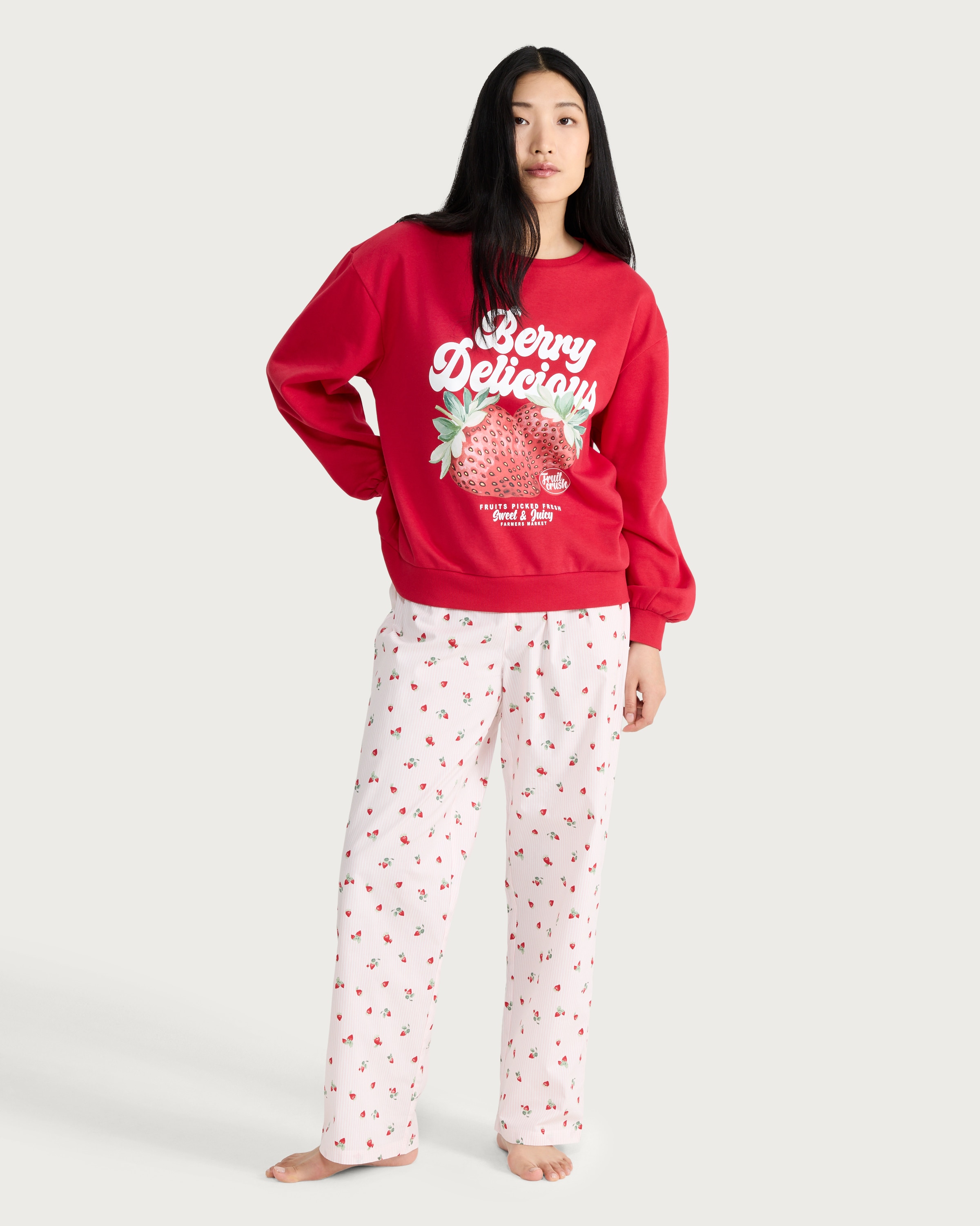 F&F Cotton Rich Strawberry Print Pyjama Set in Red thumbnail 2
