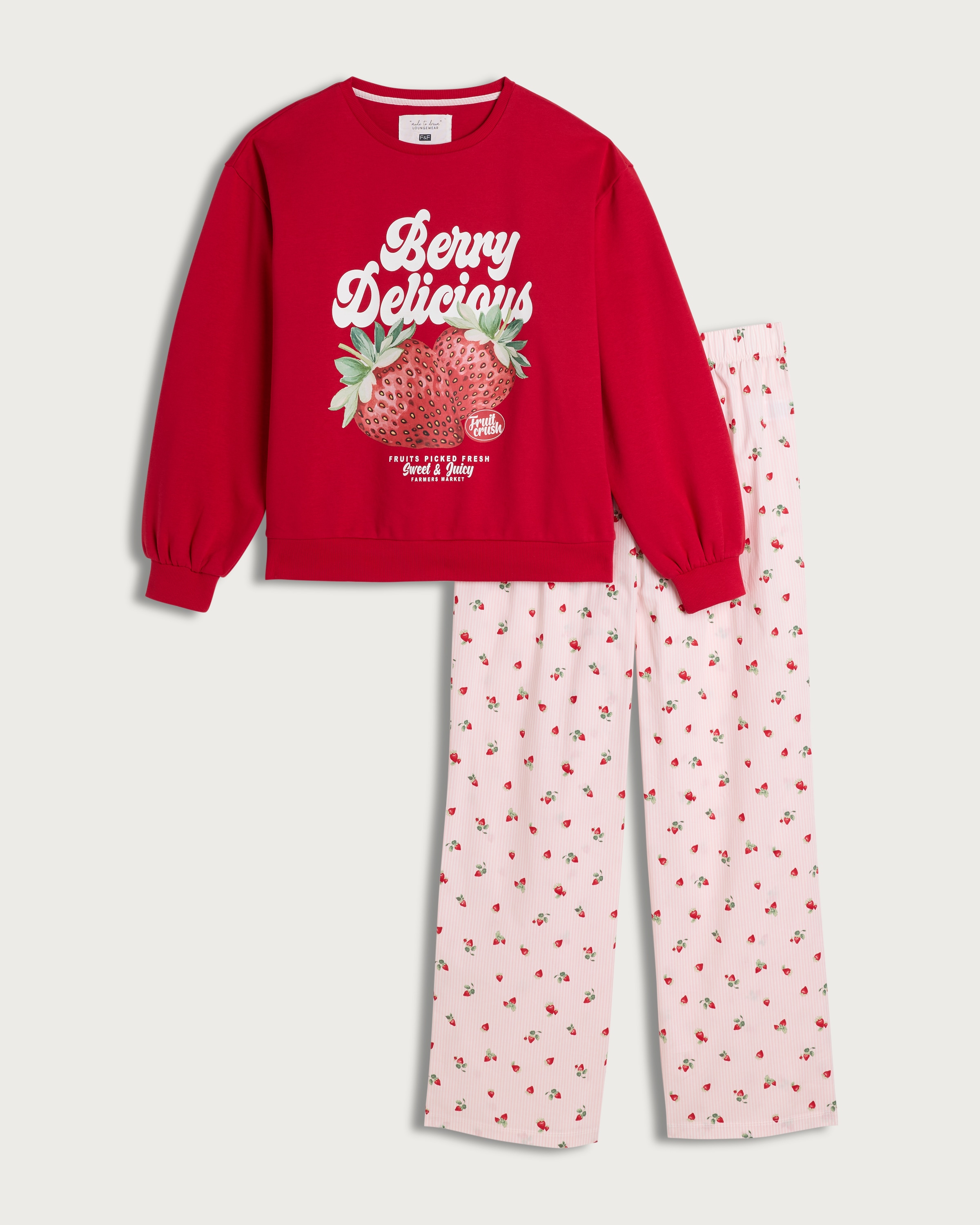 F&F Cotton Rich Strawberry Print Pyjama Set in Red thumbnail 4