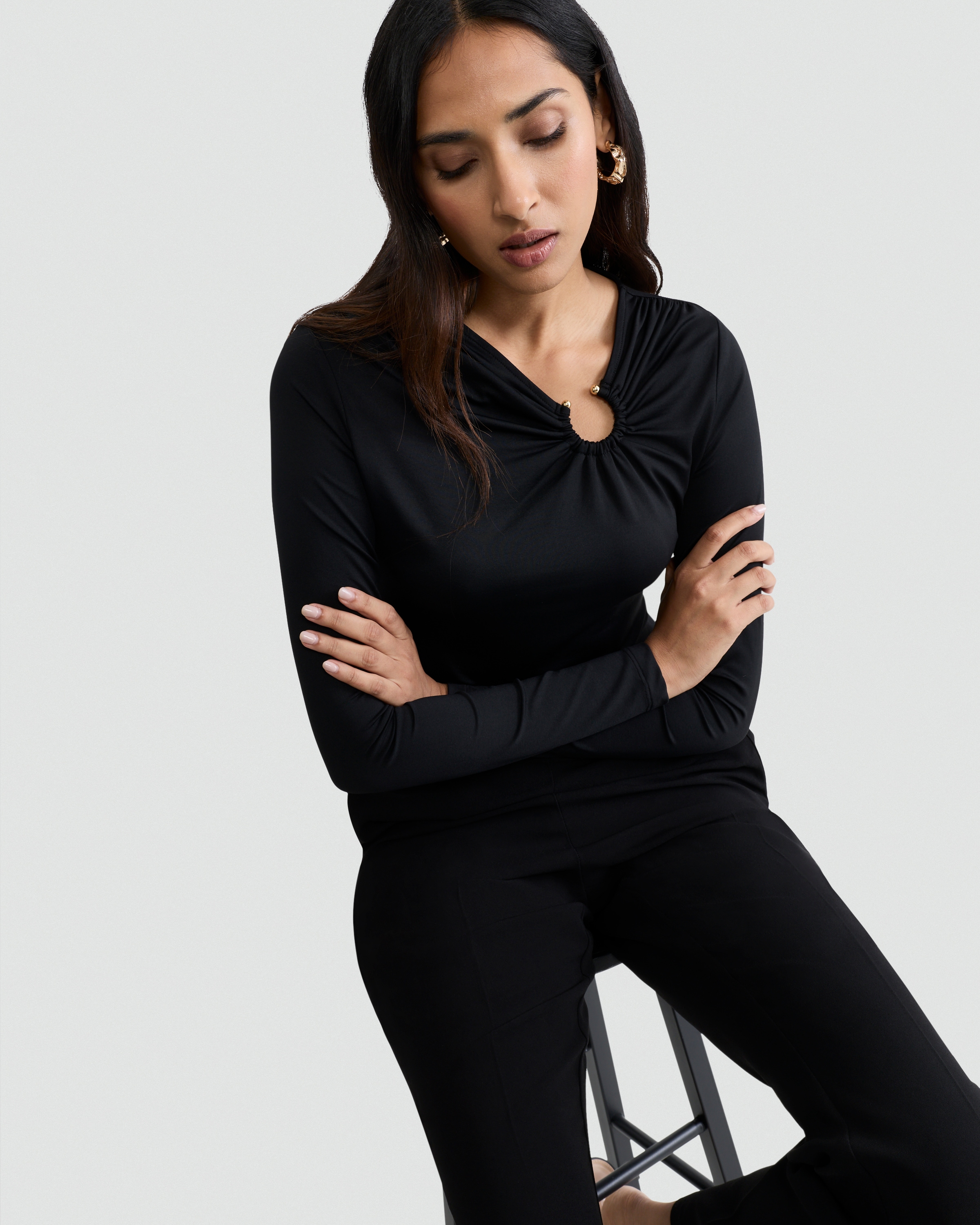 F&F Polyamide Ring Detail Long Sleeved Top in Black thumbnail 2