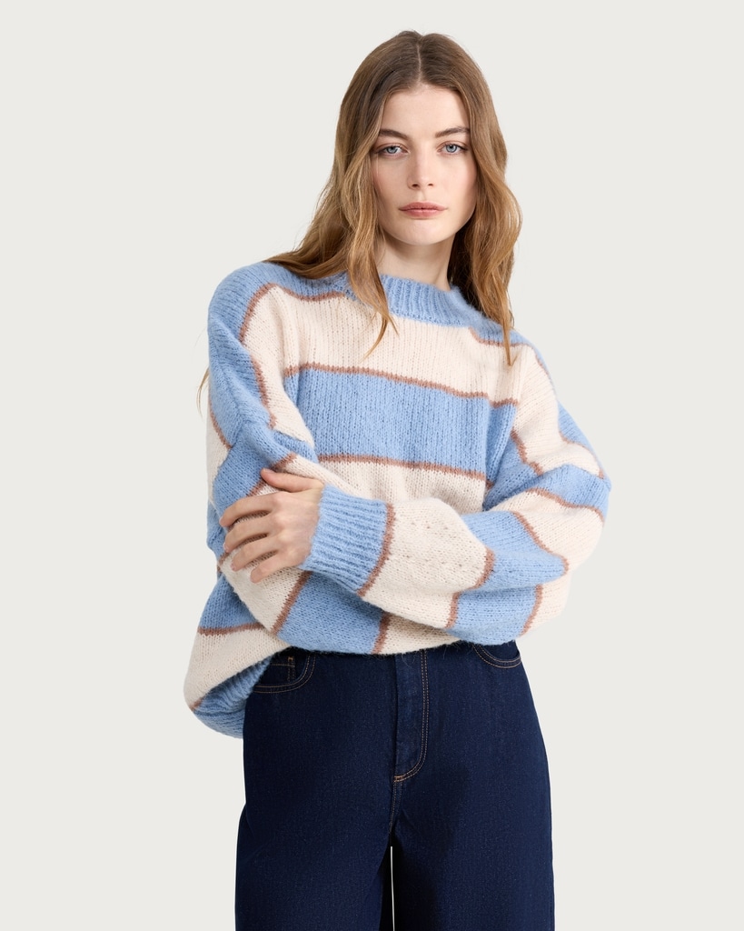 The F&F Edit Knitted Fluffy Striped Jumper in Multi Blue