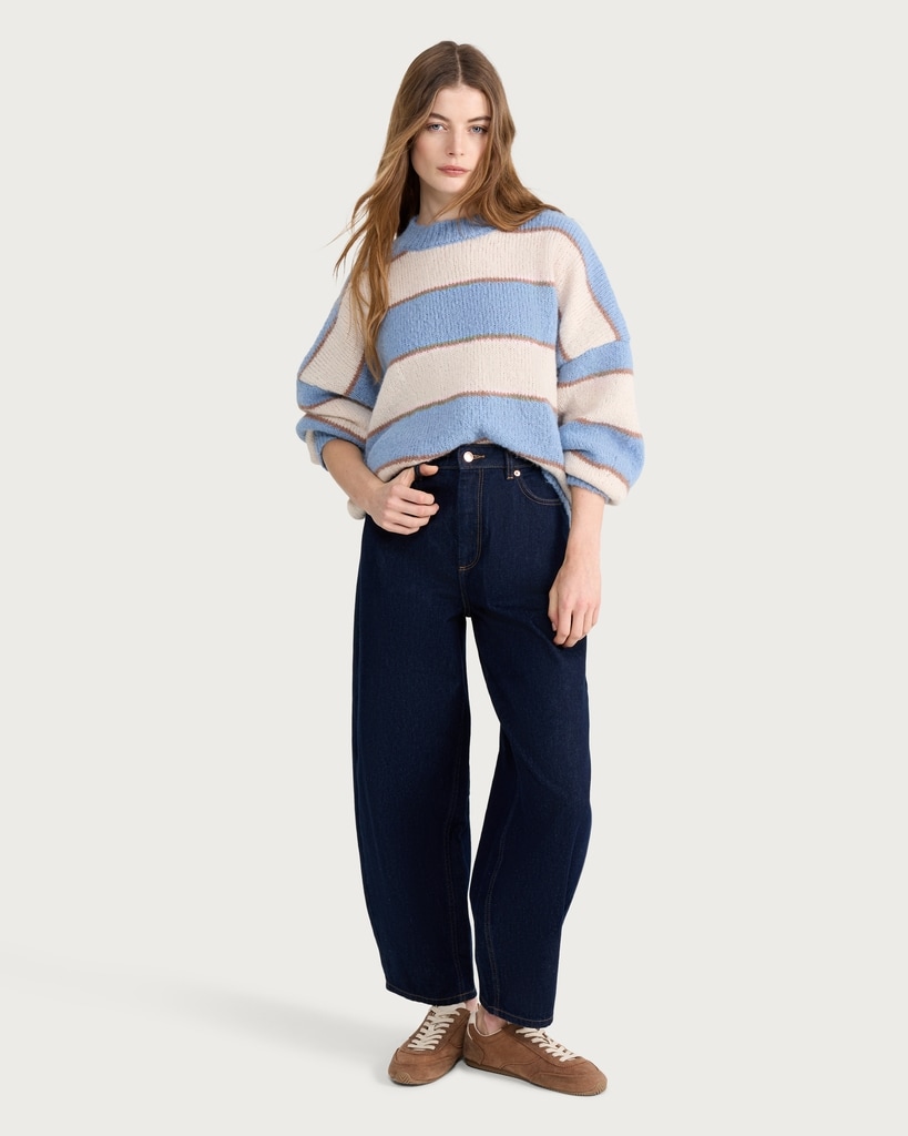 The F&F Edit Knitted Fluffy Striped Jumper in Multi Blue thumbnail 2