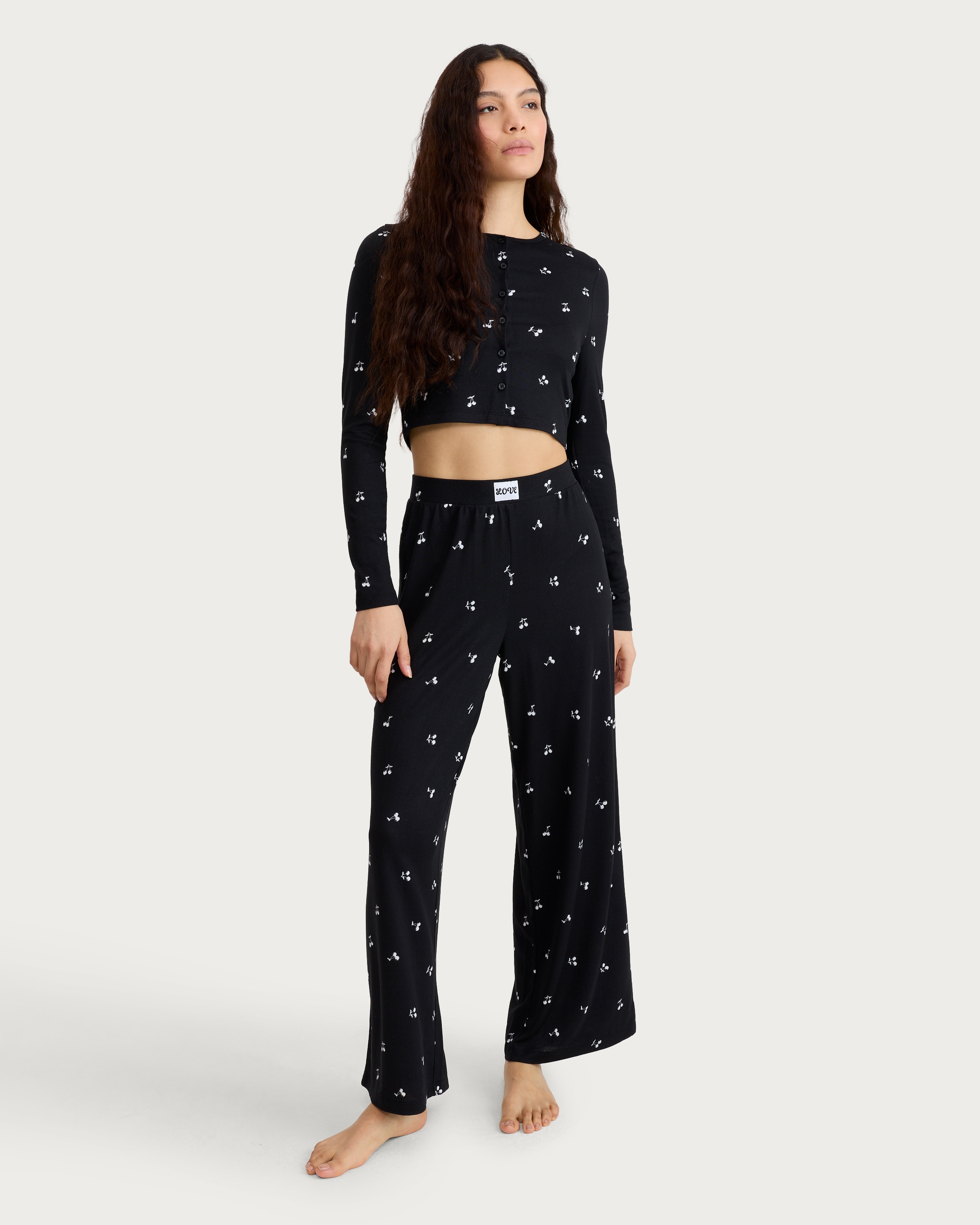 F&F Snit Textured Cherry Print Button Top and Bottoms Pyjama Set in Multi Black
