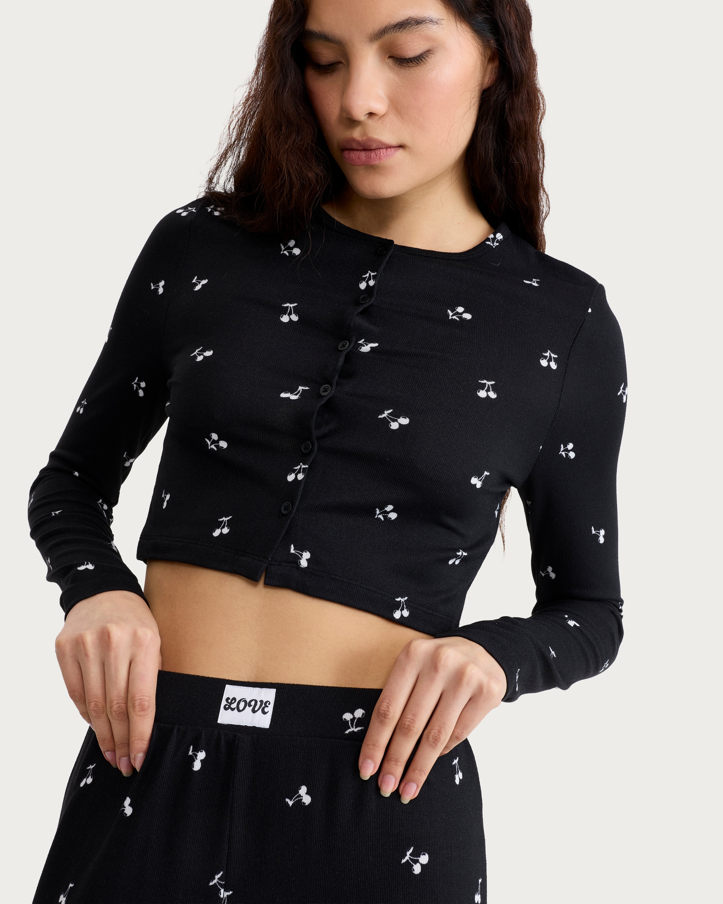 F&F Snit Textured Cherry Print Button Top and Bottoms Pyjama Set in Multi Black thumbnail 2