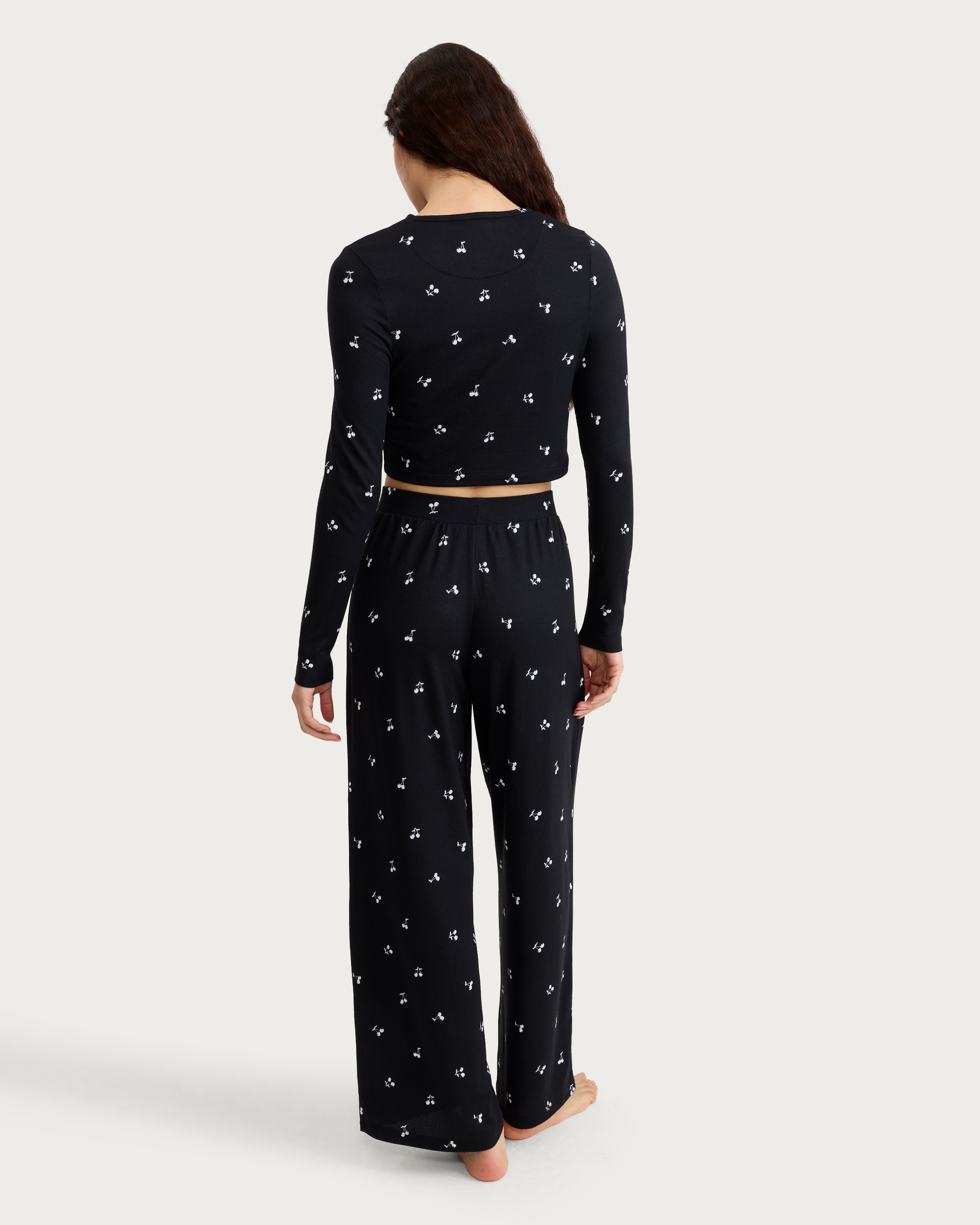 F&F Snit Textured Cherry Print Button Top and Bottoms Pyjama Set in Multi Black thumbnail 3