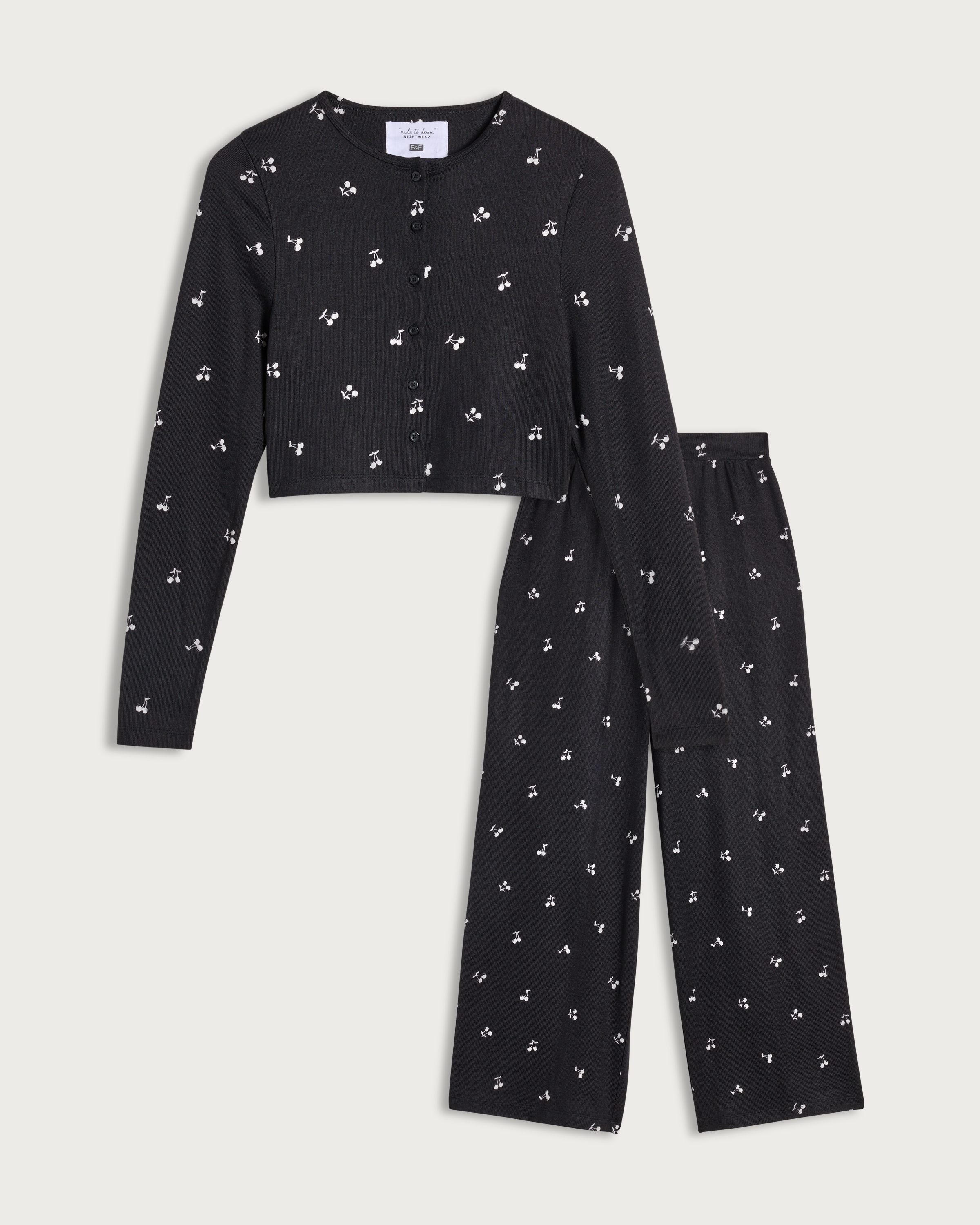 F&F Snit Textured Cherry Print Button Top and Bottoms Pyjama Set in Multi Black thumbnail 4