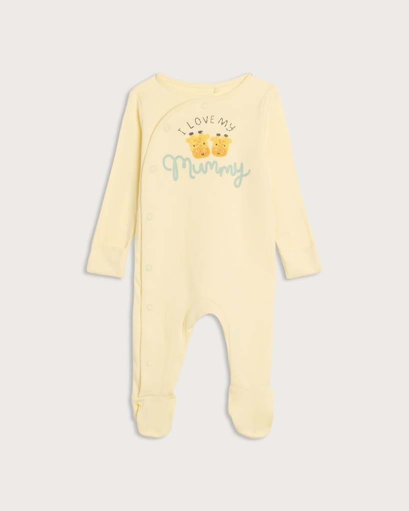 F&F Baby Pure Cotton I Love My Mummy Long Sleeved Sleepsuit in Yellow