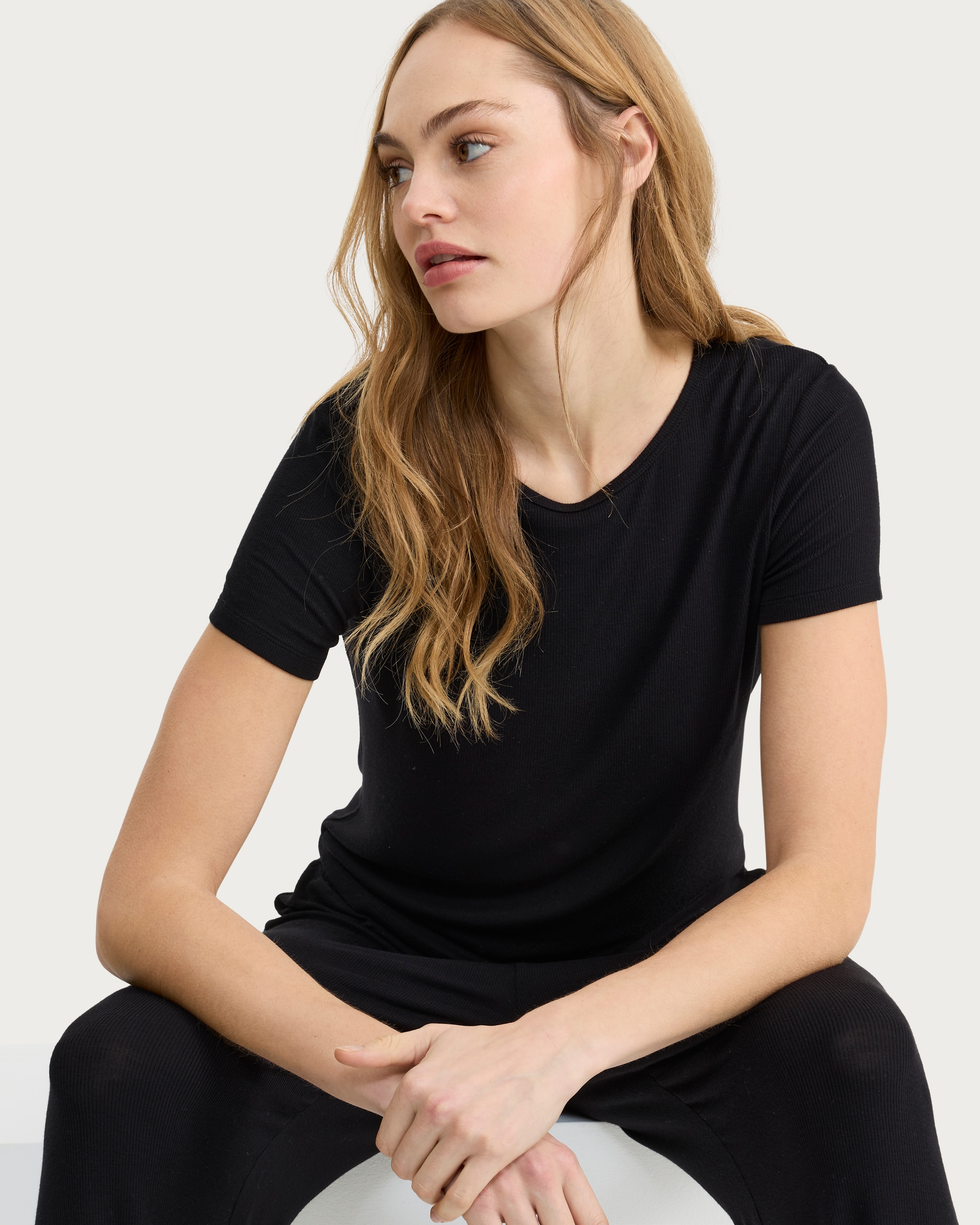 F&F CoolEase™ Ribbed Short Sleeved Pyjama Top in Black