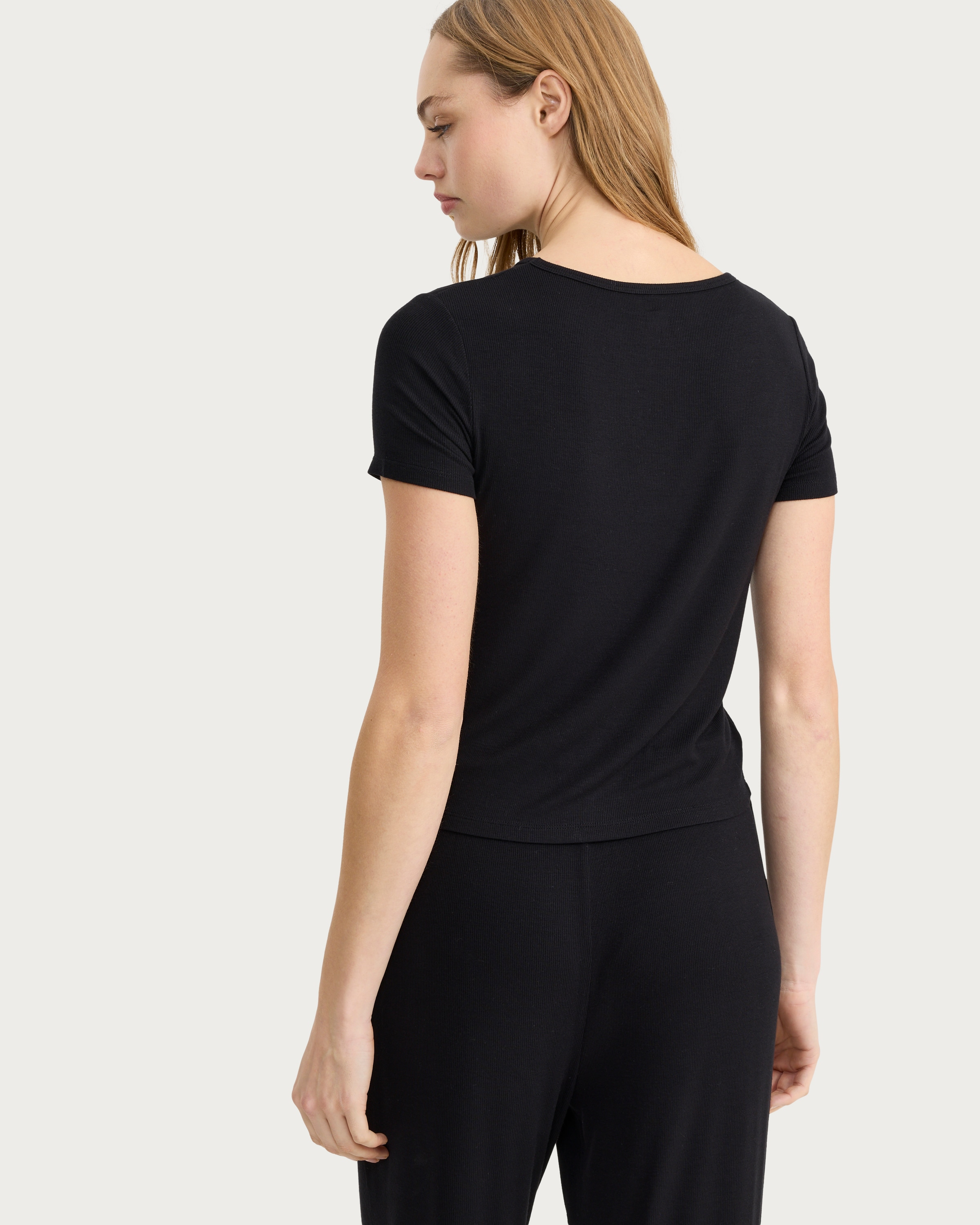 F&F CoolEase™ Ribbed Short Sleeved Pyjama Top in Black thumbnail 2