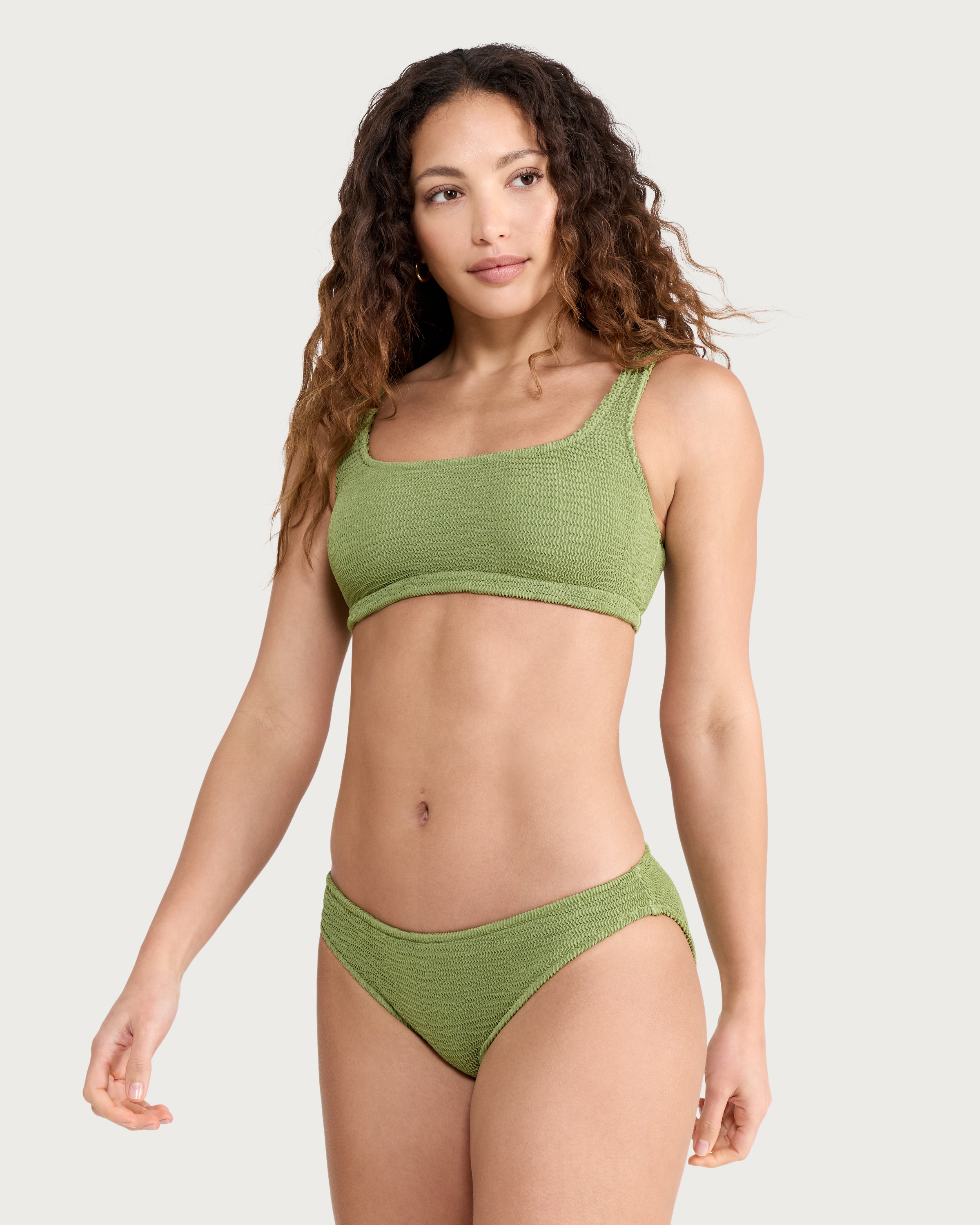 F&F Crinkle Textured Scoop Neck Bikini Top in Green thumbnail 2