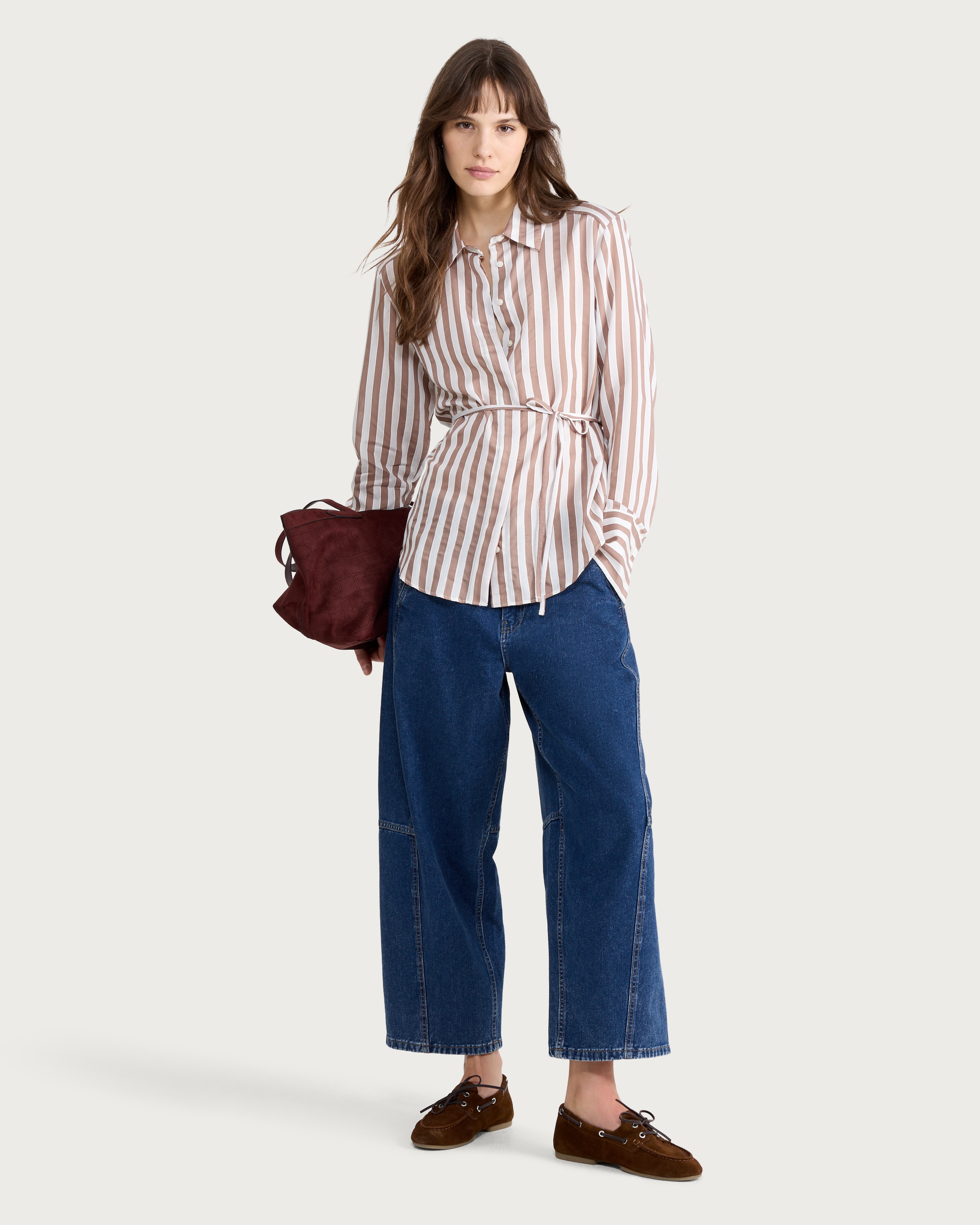 F&F Textured Striped Tie Waist Shirt in Neutral thumbnail 2