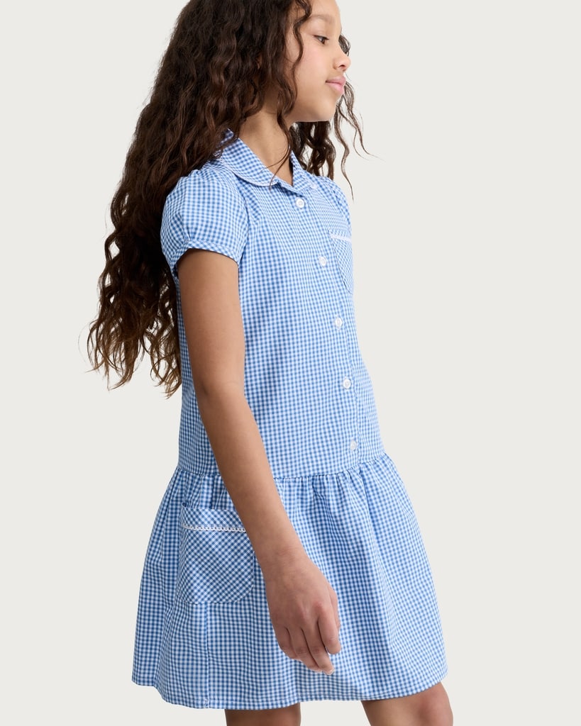 F&F School Girls 2-Pack Cotton Rich Gingham Short Sleeved Dresses in Blue thumbnail 3