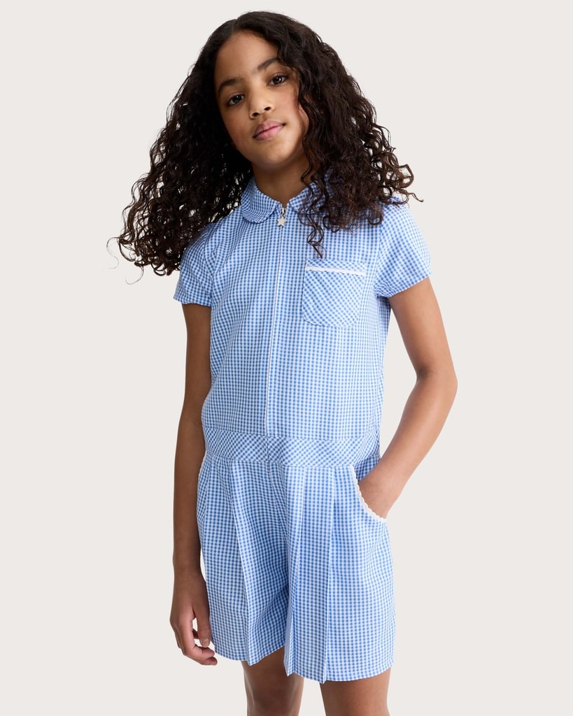 F&F School Girls 2-Pack Gingham Short Sleeved Playsuits in Blue thumbnail 2