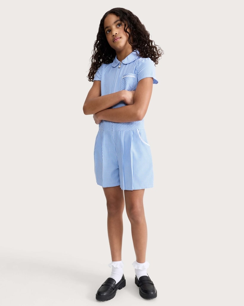 F&F School Girls 2-Pack Gingham Short Sleeved Playsuits in Blue thumbnail 3