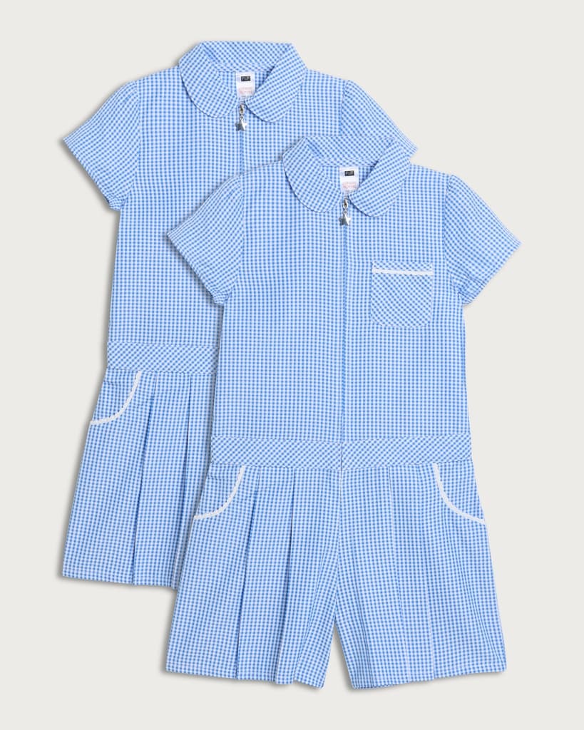 F&F School Girls 2-Pack Gingham Short Sleeved Playsuits in Blue thumbnail 4