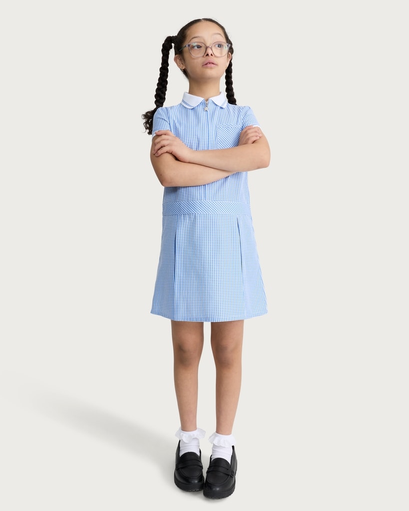 F&F School Girls 2-Pack Gingham Short Sleeved Dresses in Blue thumbnail 2